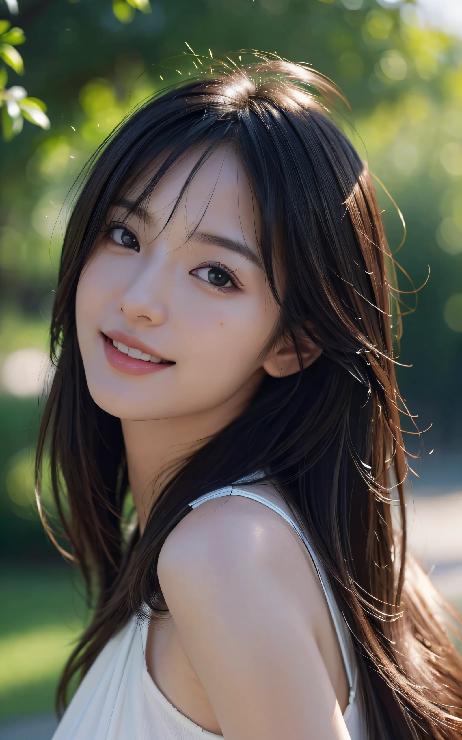 masutepiece, The highest image quality, High quality, Beautiful woman, Japanese, Detailed, Swollen eyes, Detailed eyes, Detailed skin, Beautiful skin, Ultra High Resolution, (reality: 1.4),Very beautiful, Slightly younger face, Beautiful skin, slender, (A hyper-realistic), (Illustration), (High resolution), (8K), (Very detailed) (Best Illustration), (beautifully detailed eyes), (super detailed), (Wallpaper), (Detailed face), Looking at Viewer, Fine details, Detailed face, Smiling, Looking straight ahead, Looking straight ahead, angle from waist up, photos realistic, Bright lighting, Professional Lighting, Shoulder-length straight hair swaying in the wind, Mature Woman, long stylish bangs,