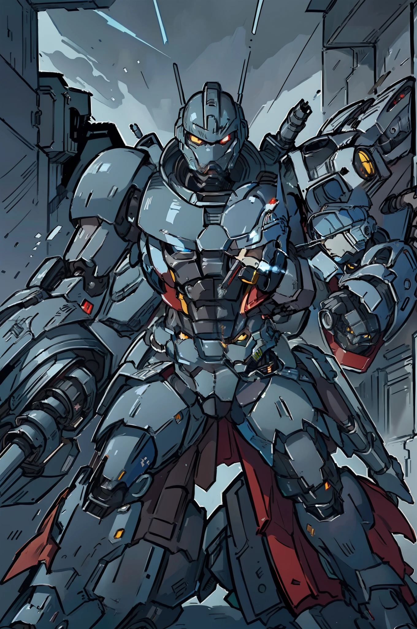 ((masterpiece)),(((best quality))),(epic dramatic moment), 1male robot that has four arms and tail, gray armor, serious moment, angry face, space troopers, robots, cartoonish, mecha anime, battle field background, dark atmosphere