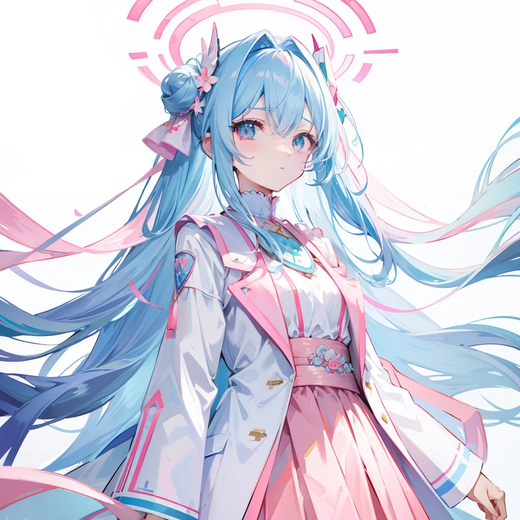 A long hair with a light blue gradient like pink,Wear a pink and white milky look,And dignified clothes