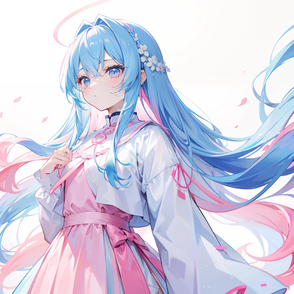 A long hair with a light blue gradient like pink,Wear a pink and white milky look,And dignified clothes