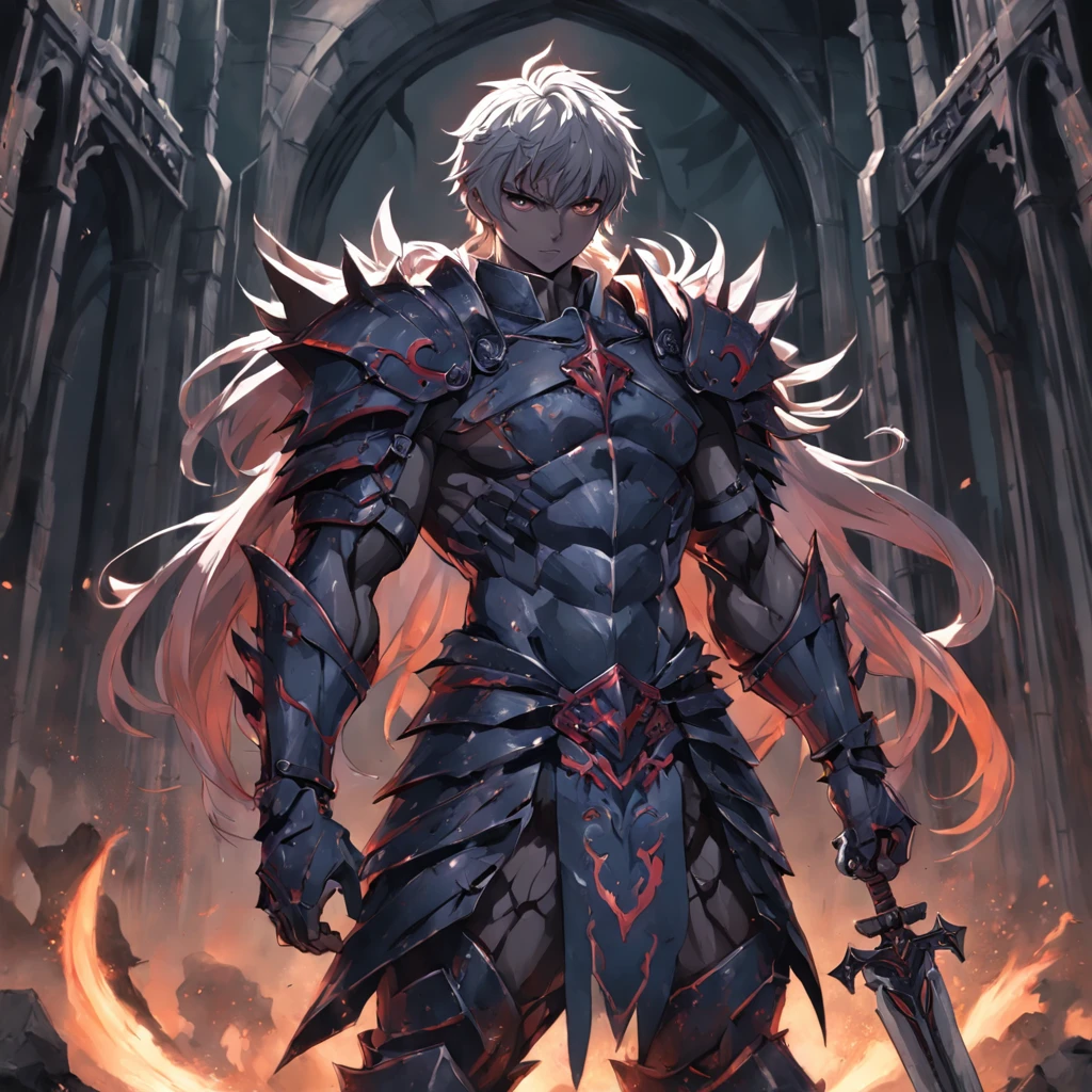 top-quality、Masterpiece、detaileds、Fate/Stay naight、Shiro Emiya、A pair of male and female swords　Ganshou/Moya、Brown skin、silber hair、Shorthair、well-muscled、Muscle、red cloak、Made of Infinite Swords、The body is made of swords。Blood is iron、heart is glass。Undefeated through countless battles。Not even a single defeat、No just one victory。The bearer is here alone、Forging Iron on the Hill of Swords。If so、My life doesn&#39;t need meaning、This body was made of infinite swords.。I am the bone of my sword.Steel is my body, and fire is my blood.I have created over a thousand blades.Unaware of loss.Nor aware of gain.Withstood pain to create weapons,waiting for one's arrival.I have no regrets.This is the only path.My whole life was"unlimited blade works"