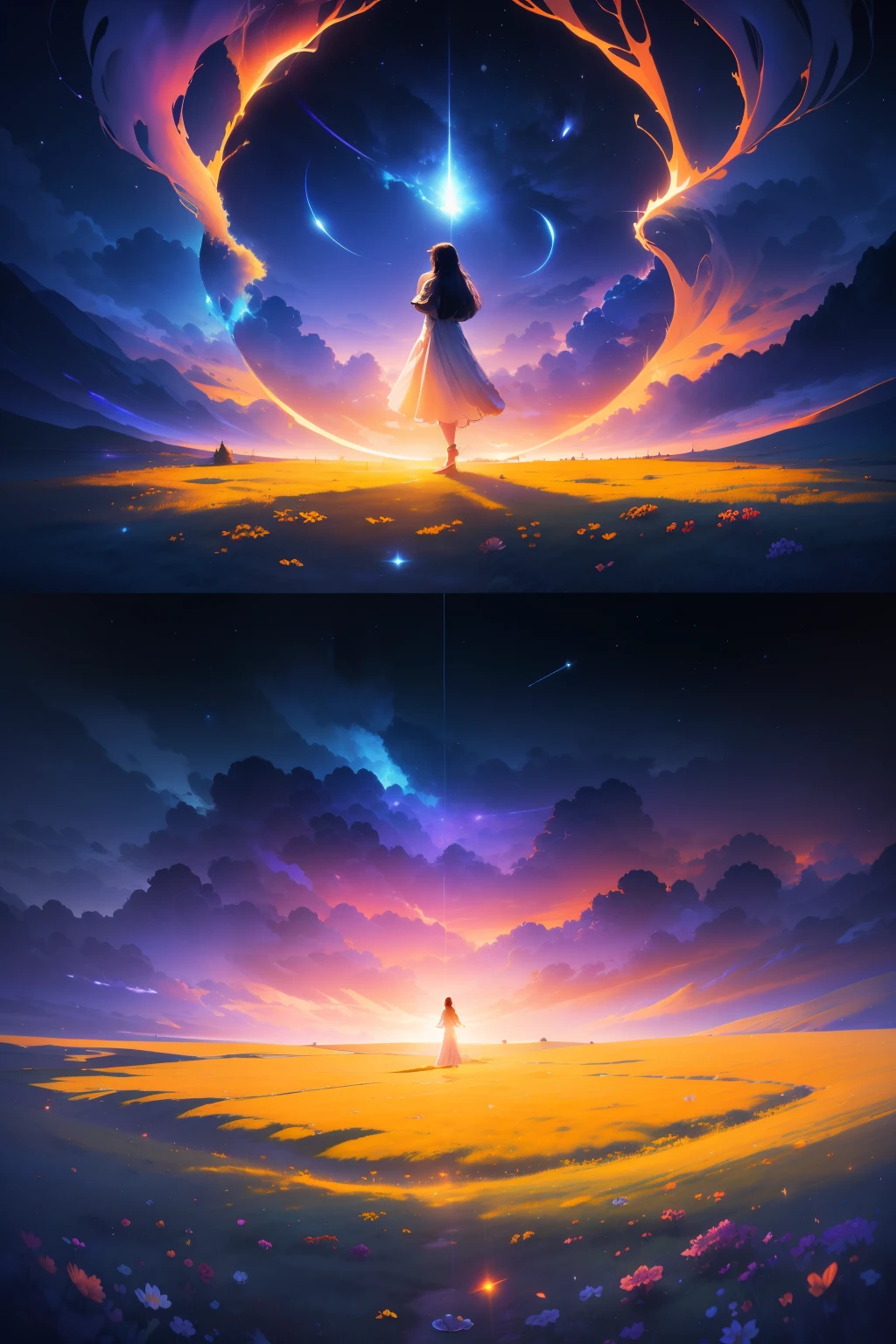 "Kindly, Create an image that represents the fusion of the human mind with the supernatural realm and the vast universe.
Imagine an ethereal and mysterious scene. in the center of Image, A human heart shines with a soft light, shimmering dazzling lighting. The heart seems to float in a translucent mist, Evoke a sense of mystery and transcendence.
From the heart, Emits a series of projections, Each represents a unique aspect. Some projections take the form of natural elements, Like branches, Petals or dancing flames, Evoke a deep connection to the natural realm.
Other projections extend into outer space, into a bright constellation, The light of distant galaxies or meteors. These cosmic projections symbolize the expansion of human emotions beyond the limits of the earth, Connect the vast universe.
The color palette includes shades of sky blue, Deep purple and gold, Create a magical and spiritual atmosphere. The soft light emanating from the mind and projections helps to create a sense of peace and awe.
The resulting images capture the thoughts of the human mind that transcends the boundaries of the planet, Explore the realm of the supernatural and the universe. This fusion of man and God creates a visual narrative,Evokes the exploration of the deepest emotional connections,And expand its essence into the vast universe。."
I hope this tip is useful for creating the image you are imagining!
