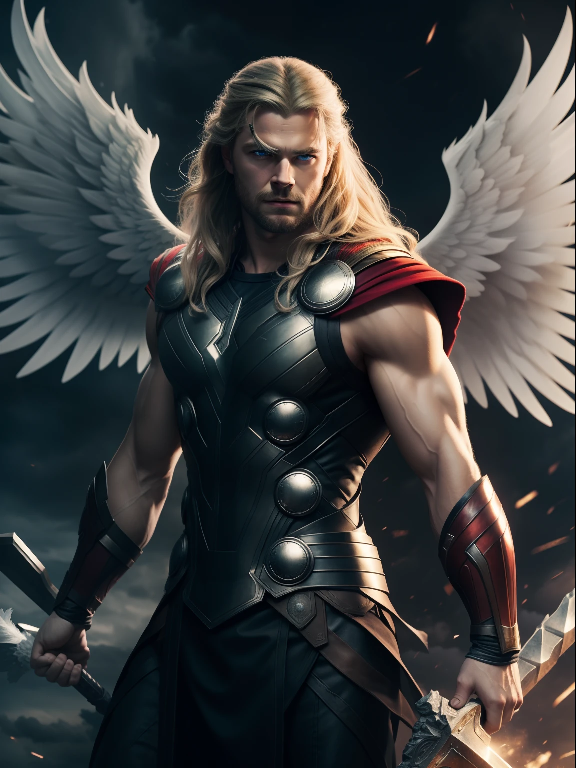 A dramatic thor as an angel with big white wings, cinematic, extreem realistic, extreem detailed, extreem Sharp, half body shot