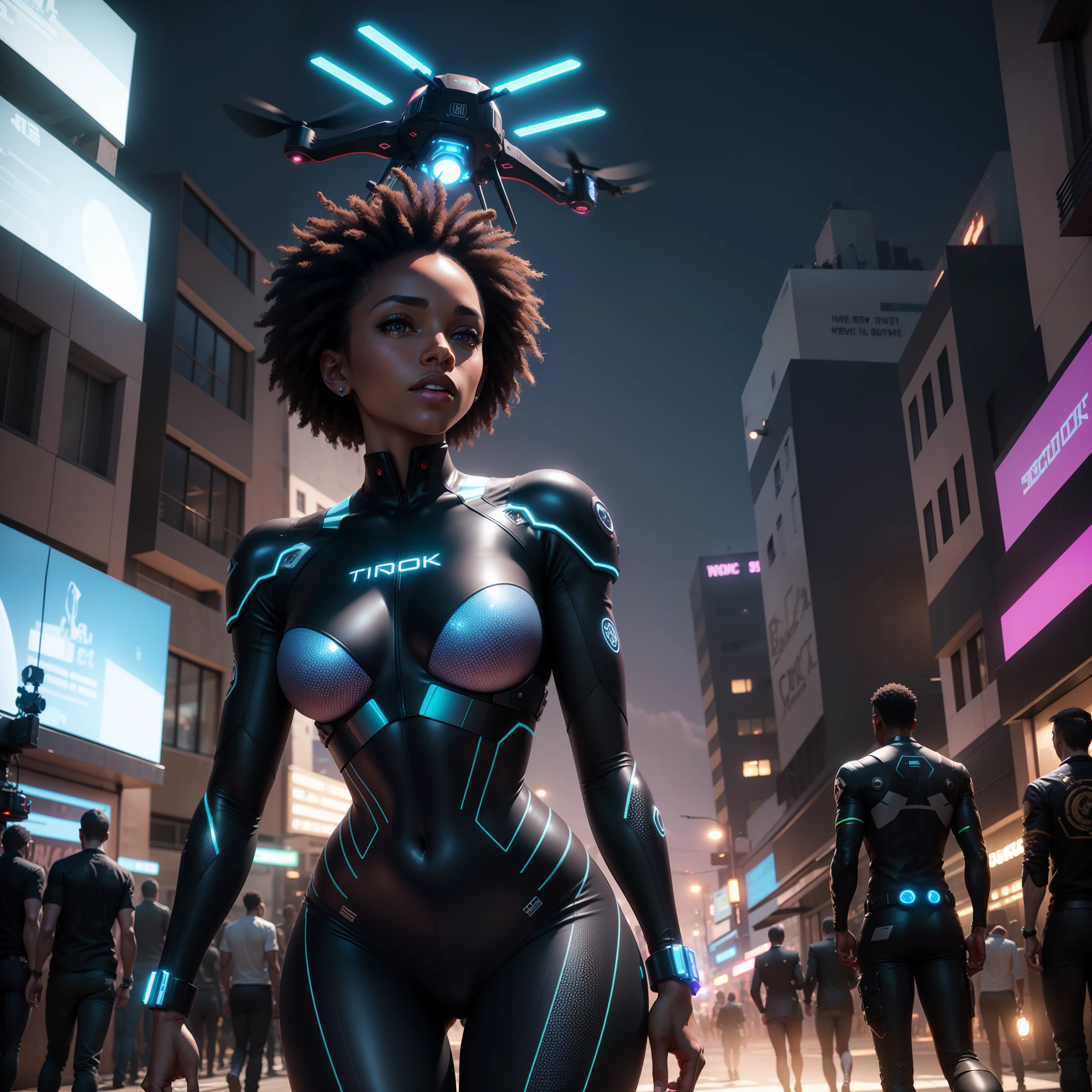 Black people having a party on the street, futuristic scene with drones floating and providing visuals with iridescent light, highly detailed images, vibrant beautiful colours, photorealistic image, 8k, ultra HD, unreal engine rendered, cinematic lighting, artgerm style,