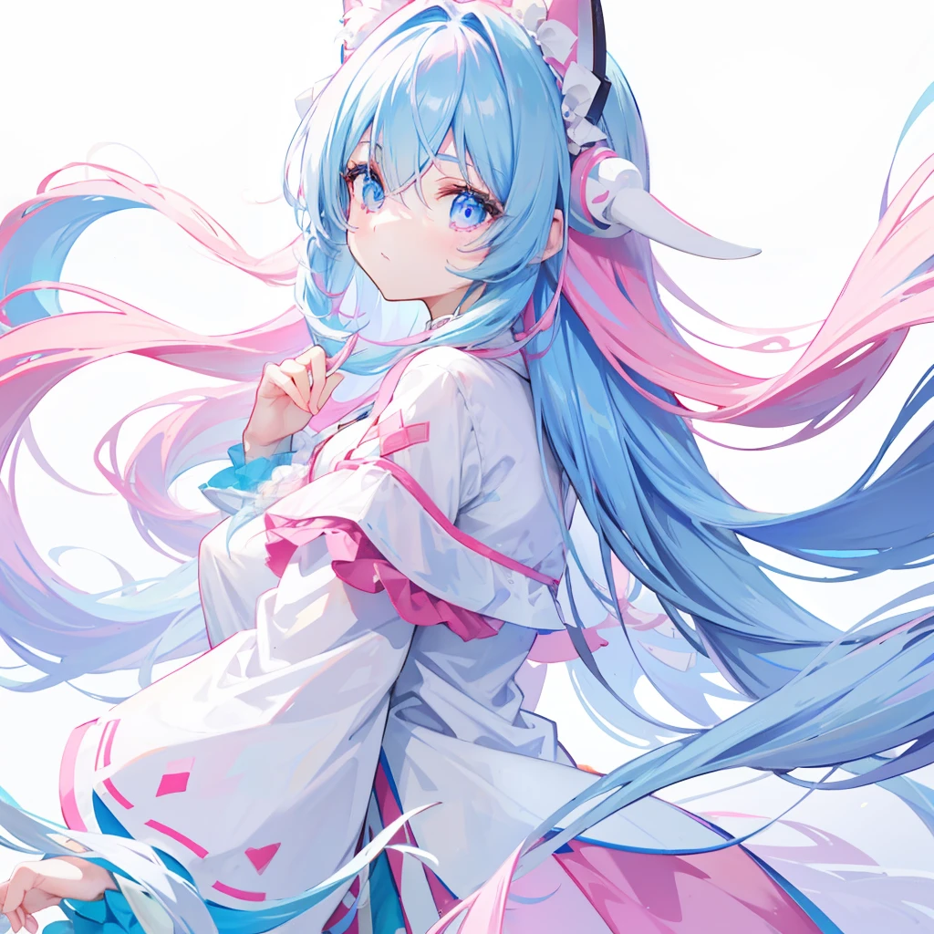 Long hair with a light blue gradient,Such as pink,Wears a cream white appearance of pink and white,And modest clothes