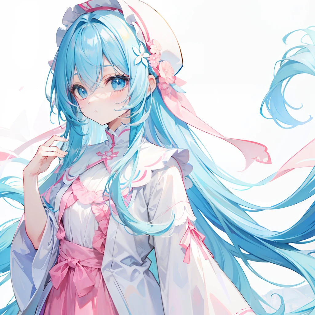 Long hair with a light blue gradient,Such as pink,Wears a cream white appearance of pink and white,And modest clothes