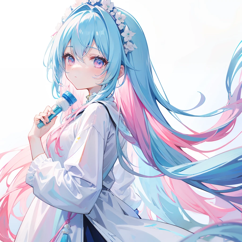 Long hair with a light blue gradient,Such as pink,Wears a cream white appearance of pink and white,And modest clothes