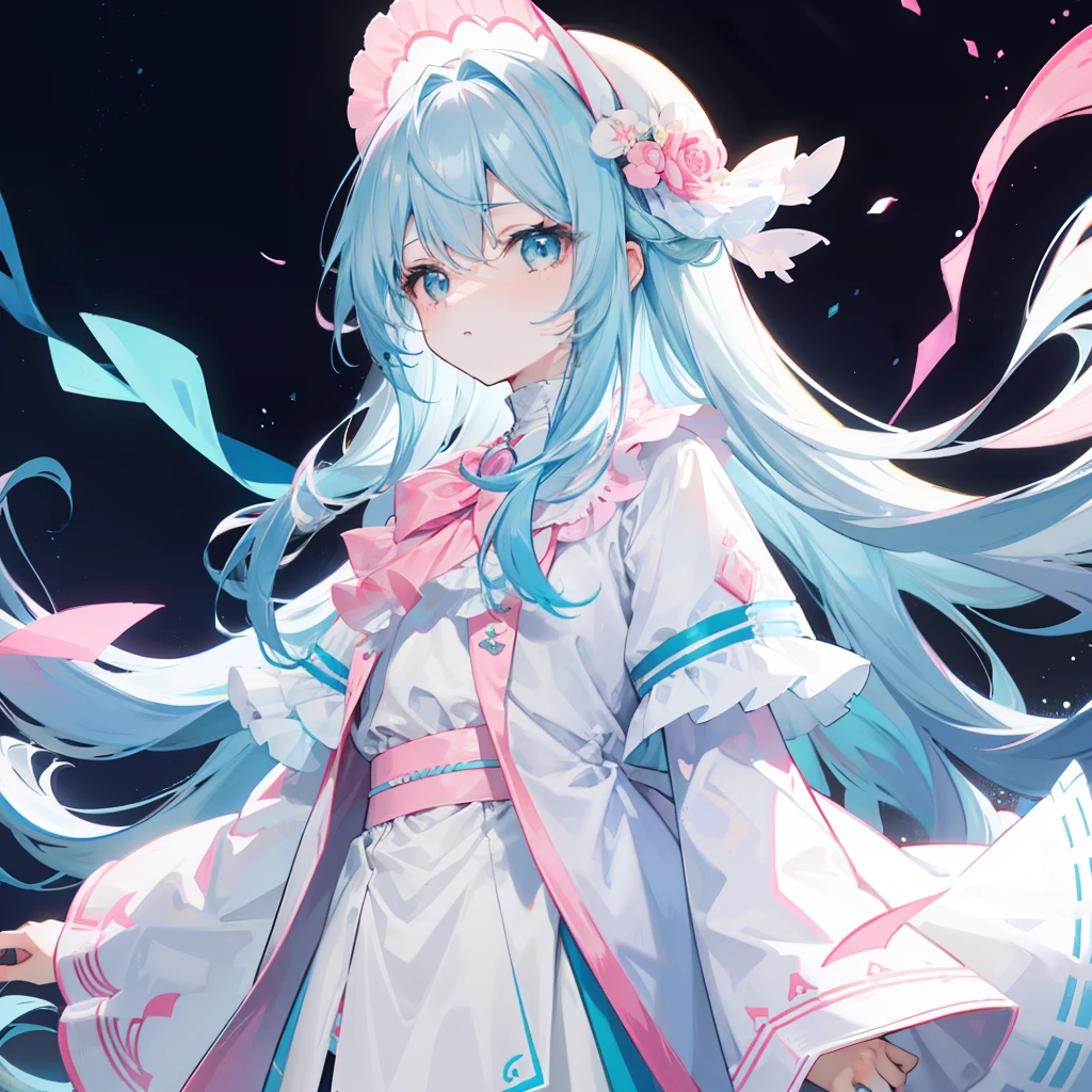 Long hair with a light blue gradient，Such as pink，Wears a cream white appearance of pink and white，And modest clothes