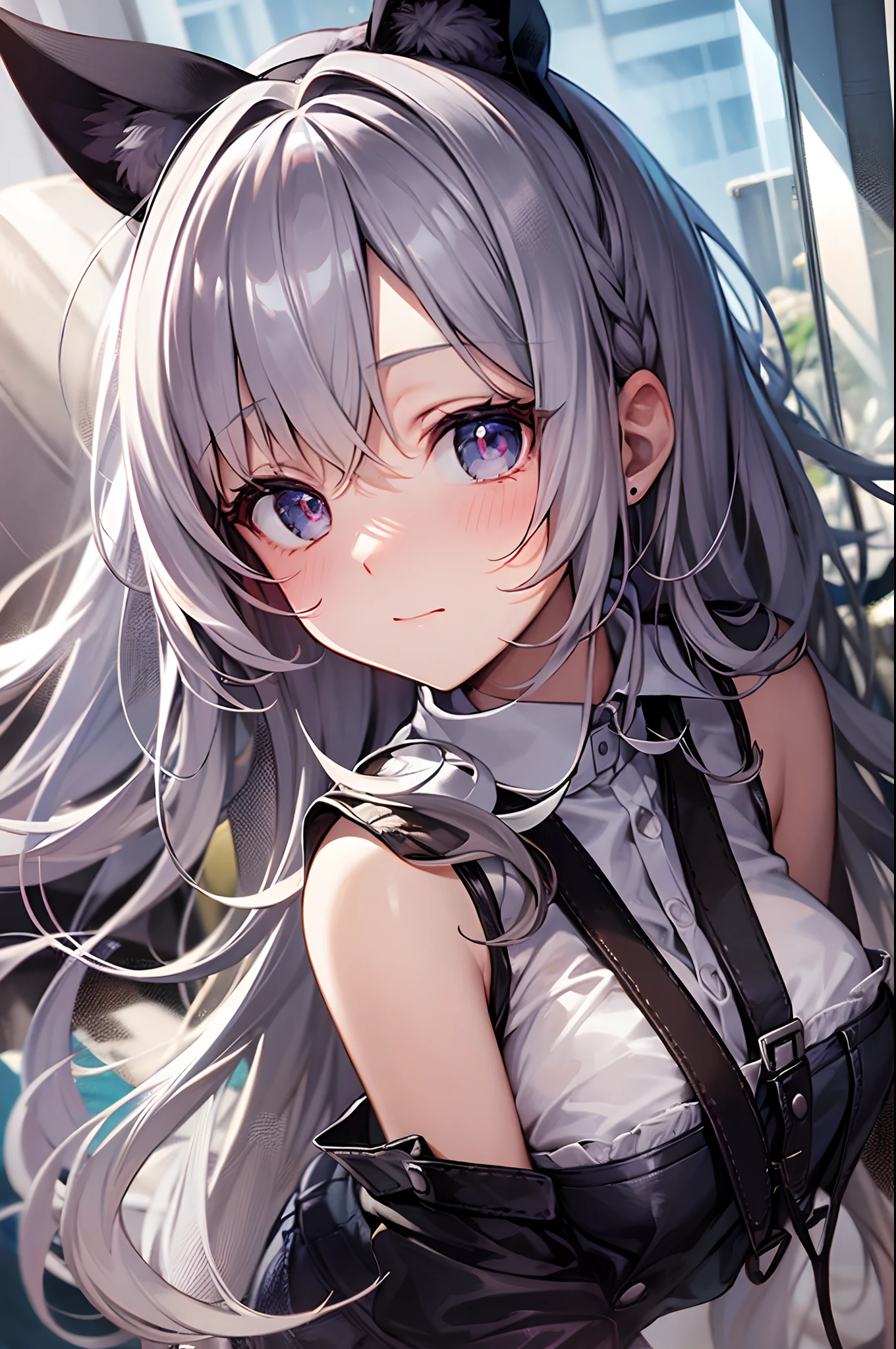 Best Quality, ultra-detailliert, Illustration, silber hair, Aimei,, embarrassed from,cute face,beutiful breast,Suspender Skirt,Casual clothing