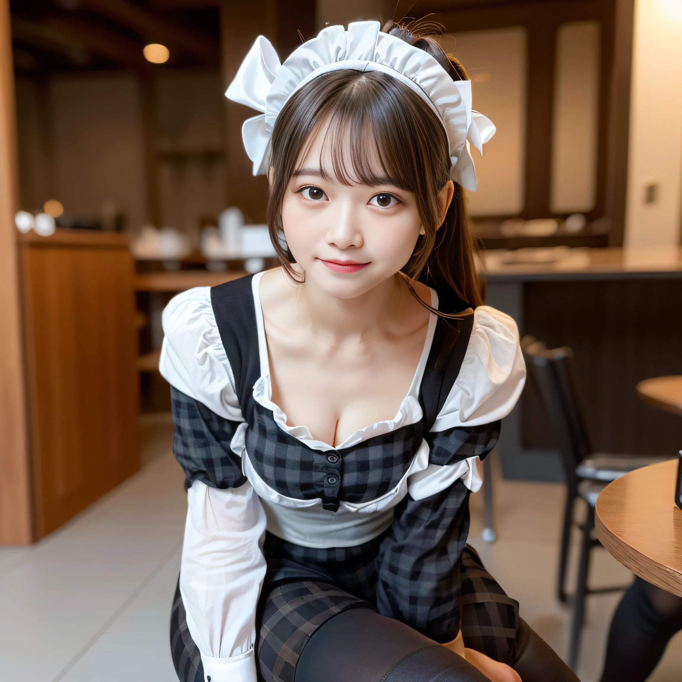 in 8K,Best Quality:1.4, 超A high resolution:1.5, (Photorealistic:1.4),​masterpiece:1.2,(top-quality:1.4)、 Raw photo、 (the background is blurred),  1日本人の女の子, Cute, (Solo:1.4), (Shy smile), Smooth skin、 (Brown medium hair,Bangs),nogizaka,Supple fingertips,Beautiful black eyes、dual、natural skin textures:1.3, realistic eyes and face details:1.7、middlebreasts、during daytime、Toned buttocks:1.5、gazing at viewer,Photographer peeking behind his back.５Take a step back,Delighted, Cheerful,(maid:1.2),Bow,Long sleeves, Black sleeves,(Long tights with black plaid:1.5),Maid headdress,maid apronl,cafeteria,Upper body:1.5,(detailed hairs:1.1), (Detailed eyes:1.1)