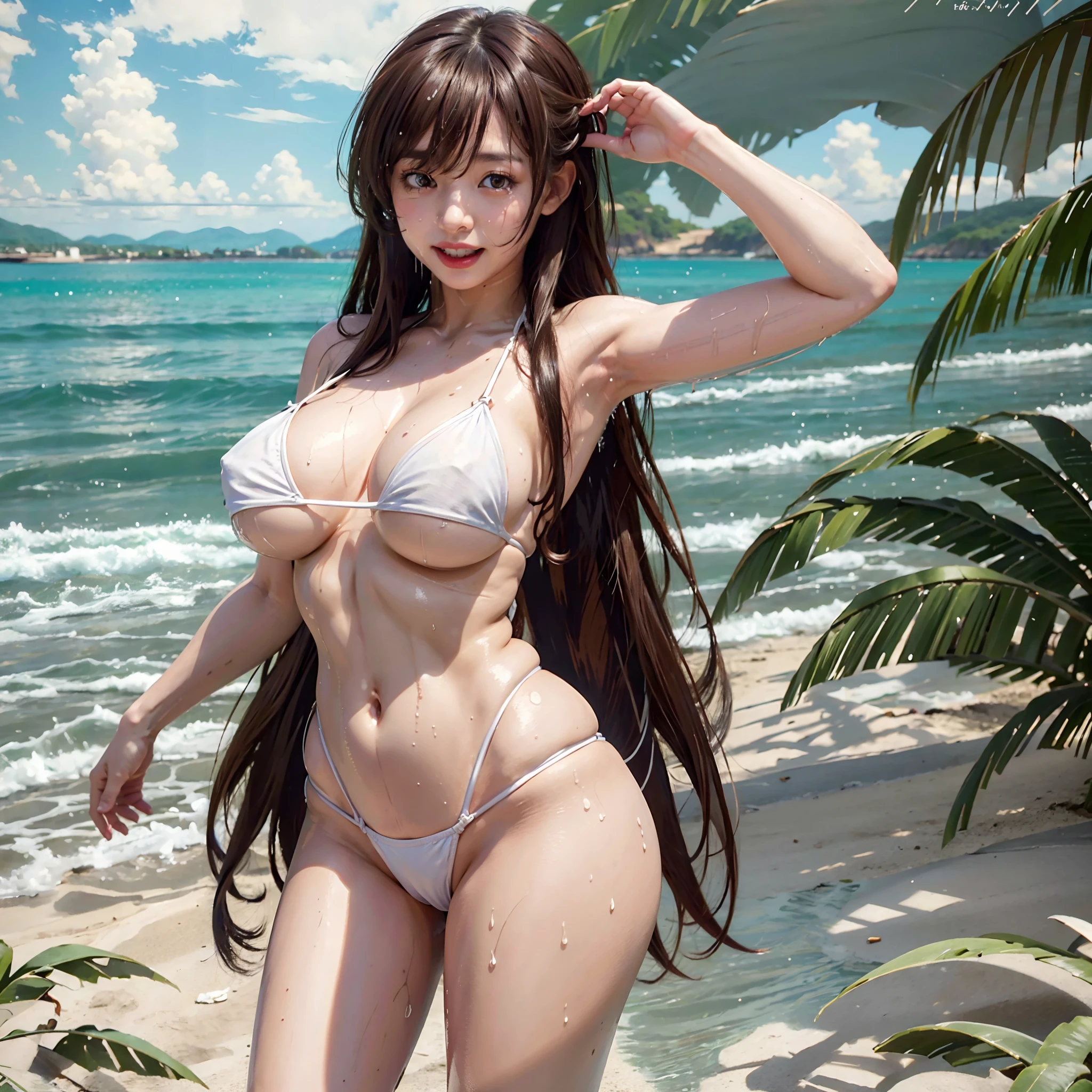 Masterpiece, Best quality, highly detailed, highres, highly detailed, one girl, long hair, brown hair, brown eyes, large breast, white bikini, outdoor, beach, side tide bikini, wet, looking at viewers, smile, open mouth,