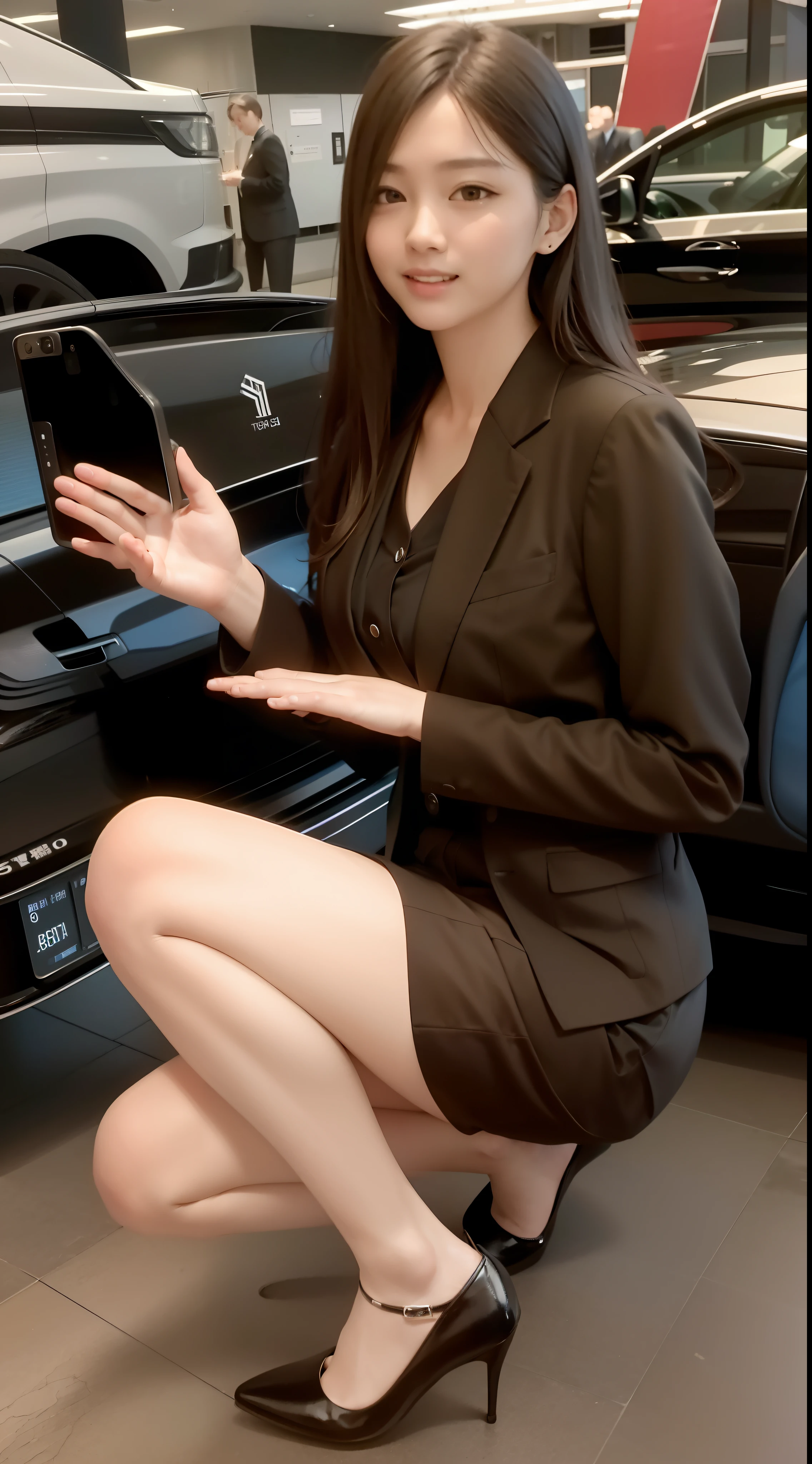 8K分辨率,A woman in a brown suit kneels next to the car, wearing a strict business suit, girl in a suit, Girl in suit, dressed in a suit, office clothes, Short skirt and T-cuff, wearing a black noble suit, wearing tight suit, dressed in a suit, dressed in a suit, jia, wearing jacket and skirt,Face laugh