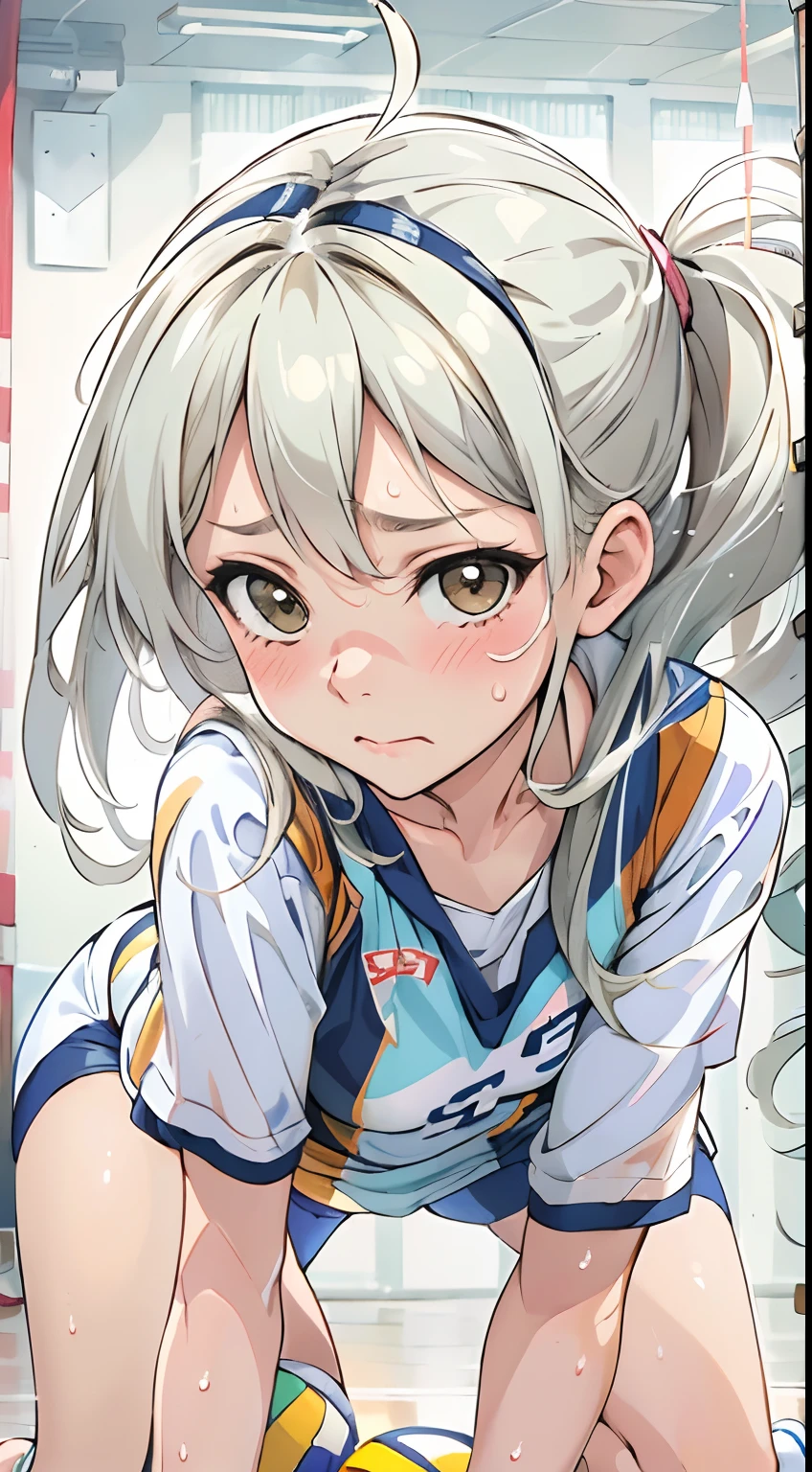 (((masterpiece))), (((best quality))), (((ultra detailed))), (((high-resolution))), ((super fine illustration)), ((Ultimate cutie)), detailed beautiful face,(white hair), shiny hair, ((((gyaru)))), (medium breasts), (((solo))), (((embarrassed expression))), (kneeling down female volleyball player), (((Crotch on the ball))), (sleeveless Volleyball Uniform), knee pad, elbow pad, ((sweat)), ((covered in sweat)), ((fog)), in Volleyball Court, lighting, ((from behind)),(((looking at viewer)))