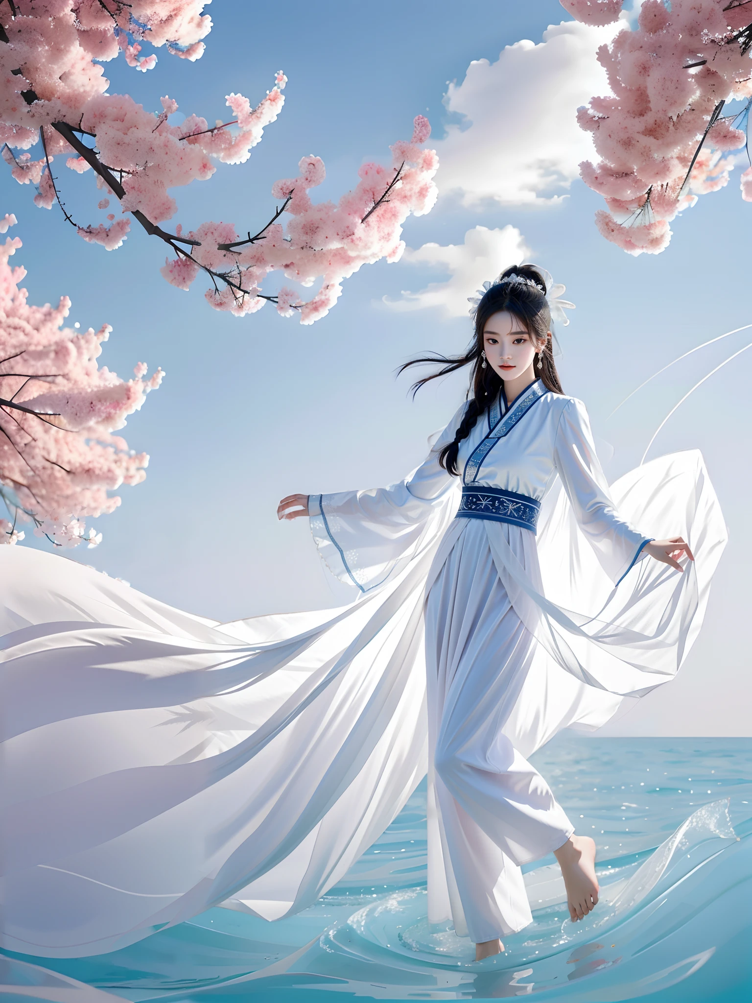 china goddess,The appearance of the seven Chinese fairies,Float in the air,Her clothes were made of tulle,clothesfluttering,The sleeves of the clothes are long,The fairy's legs are beautiful,The fairy wears a classical Chinese bun,The goddess floats high in the sky,The perfect face of the goddess,tmasterpiece,8K分辨率,The goddess's hands were folded,The picture is viewed from the bottom up,