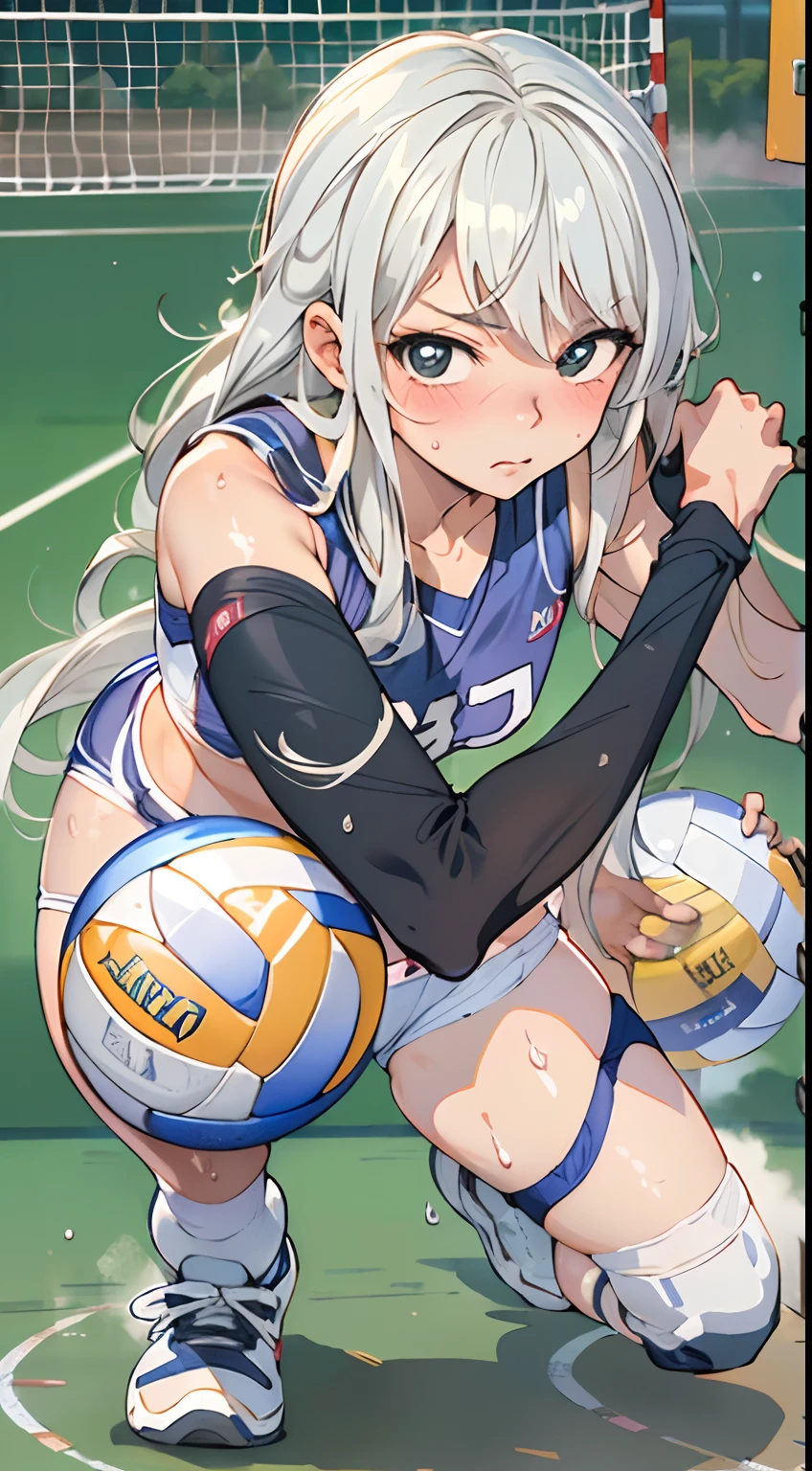 (((masterpiece))), (((best quality))), (((ultra detailed))), (((high-resolution))), ((super fine illustration)), ((Ultimate cutie)), detailed beautiful face,(white hair), shiny hair, ((((gyaru)))), (medium breasts), (((solo))), (((embarrassed expression))), (kneeling down female volleyball player), (((Crotch on the ball))), (sleeveless Volleyball Uniform), knee pad, elbow pad, ((sweat)), ((covered in sweat)), ((fog)), in Volleyball Court, lighting, ((from behind)),(((looking at viewer)))