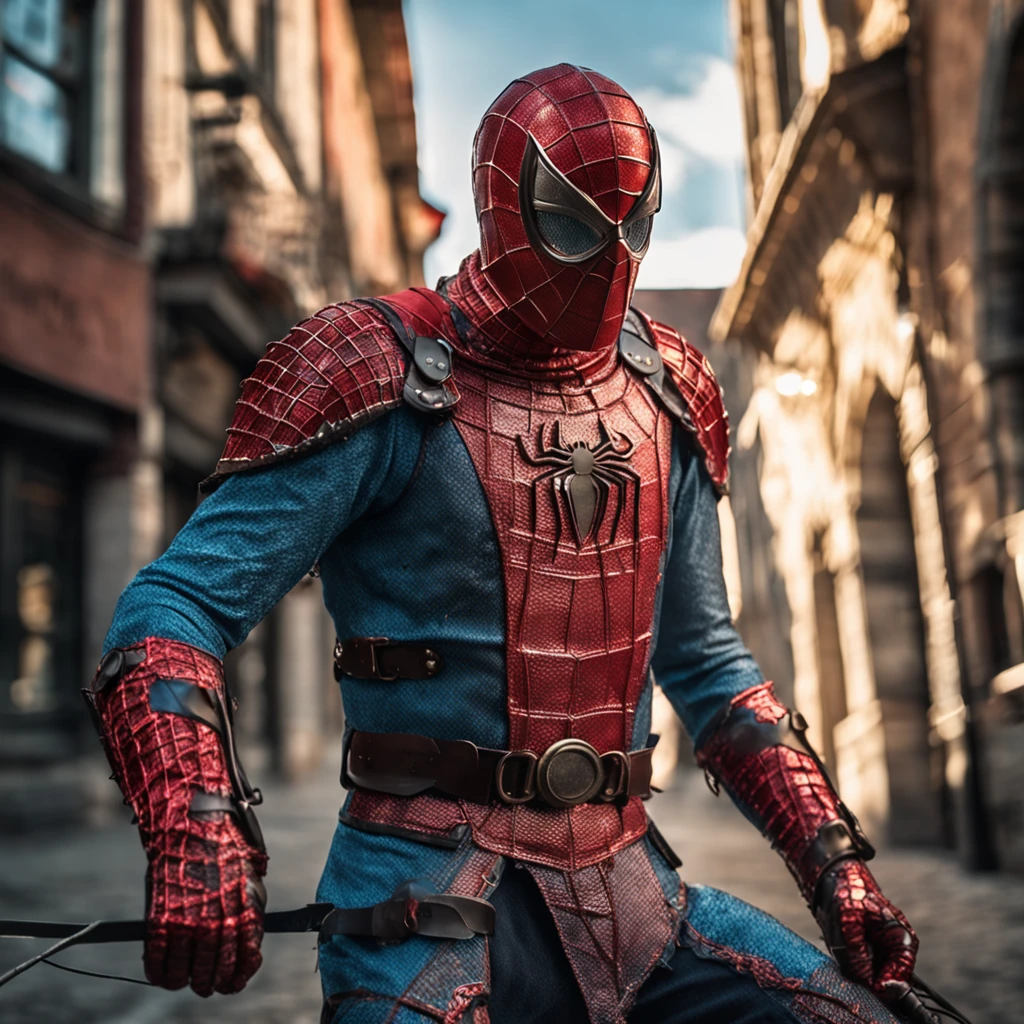 Marvels the amazing Spider - Man as a A medieval - themed knight, full suit of red and blue shimmering armor, intricate details, depicted in an action pose, holding a a spear, small medieval town in the background, photorealistic, dramatic lighting, beautiful color grading, 8K resolution, shot on Canon EOS C70 RF24–105mm lens