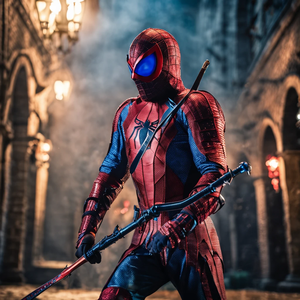 Marvels the amazing Spider - Man as a A medieval - themed knight, full suit of red and blue shimmering armor, intricate details, depicted in an action pose, holding a a spear, small medieval town in the background, photorealistic, dramatic lighting, beautiful color grading, 8K resolution, shot on Canon EOS C70 RF24–105mm lens