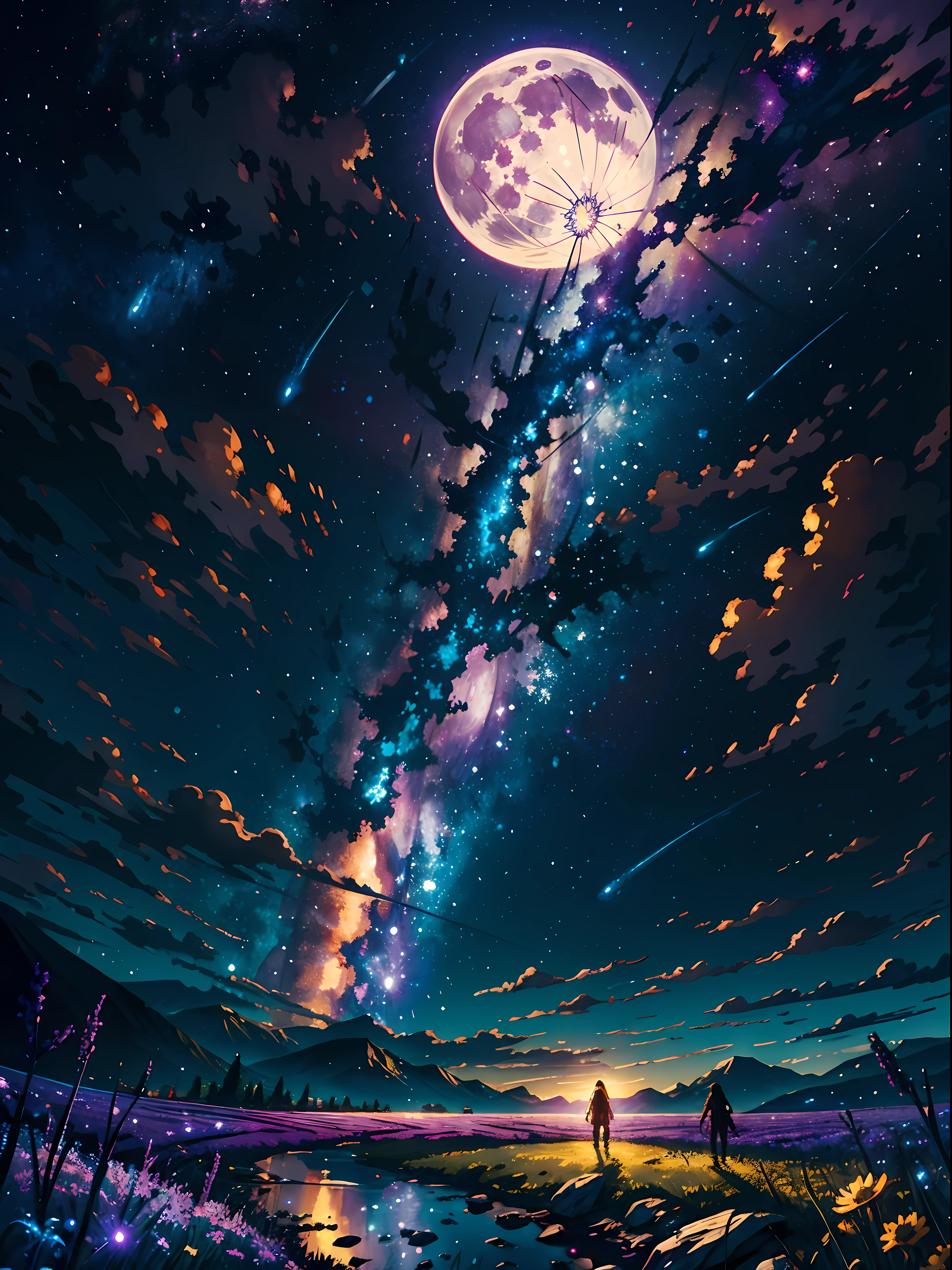 expansive landscape photograph , (a view from below that shows sky above and open field below), a girl standing on flower field looking up, (full moon:1.2), ( shooting stars:0.9), (nebula:1.3), distant mountain, tree BREAK
production art, (warm light source:1.2), (Firefly:1.2), lamp, lot of purple and orange, intricate details, volumetric lighting BREAK
(masterpiece:1.2), (best quality), 4k, ultra-detailed, (dynamic composition:1.4), highly detailed, colorful details,( iridescent colors:1.2), (glowing lighting, atmospheric lighting), dreamy, magical, (solo:1.2)