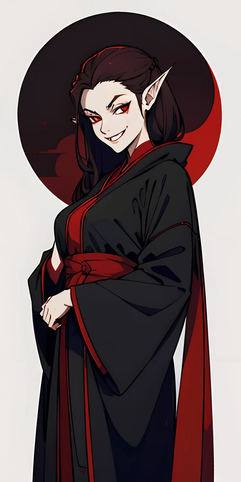 Black robe,red colour,Vampires,White skin of the,brunette color hair,red eyes,fang,pointy ears,城市,the night,Blood Moon,grinning smile,
