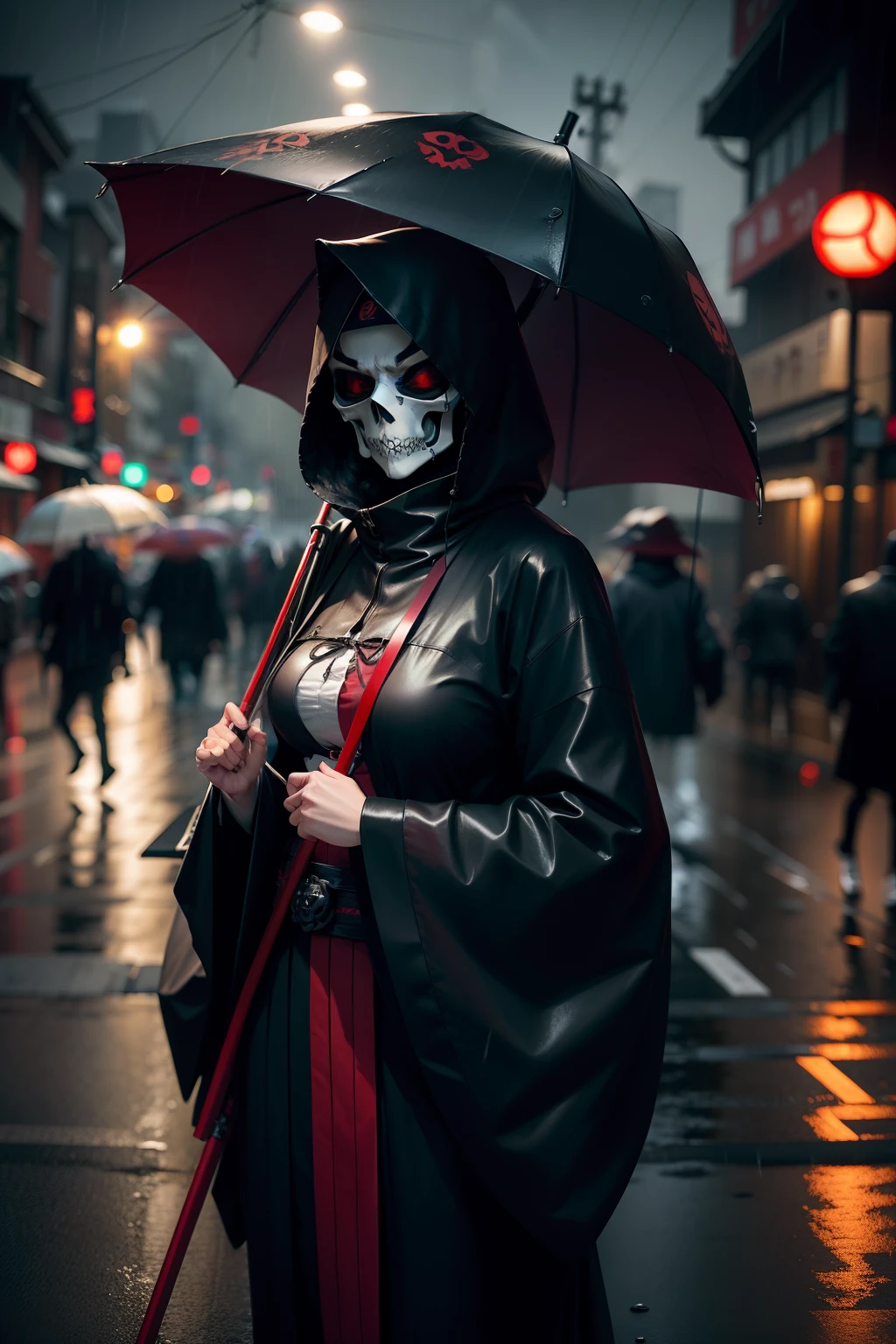 Japanese woman dressed as the reaper and wearing a skull mask walking while it rains on the street at night