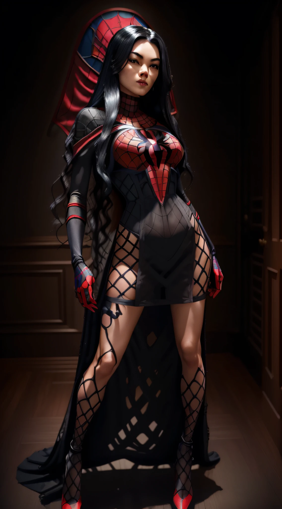 Cindy Moon, Silk, in a bedroom, flirting, wears a (black spider-man fishnet_dress), suit includes a (red spider emblem) on the chest, (long black hair), (full body render), (full body view), fine detail, hyper realistic, HD, 4K, definition, texture, perfect detail, perfect face, beautiful, hyperrealism, trending on artstation