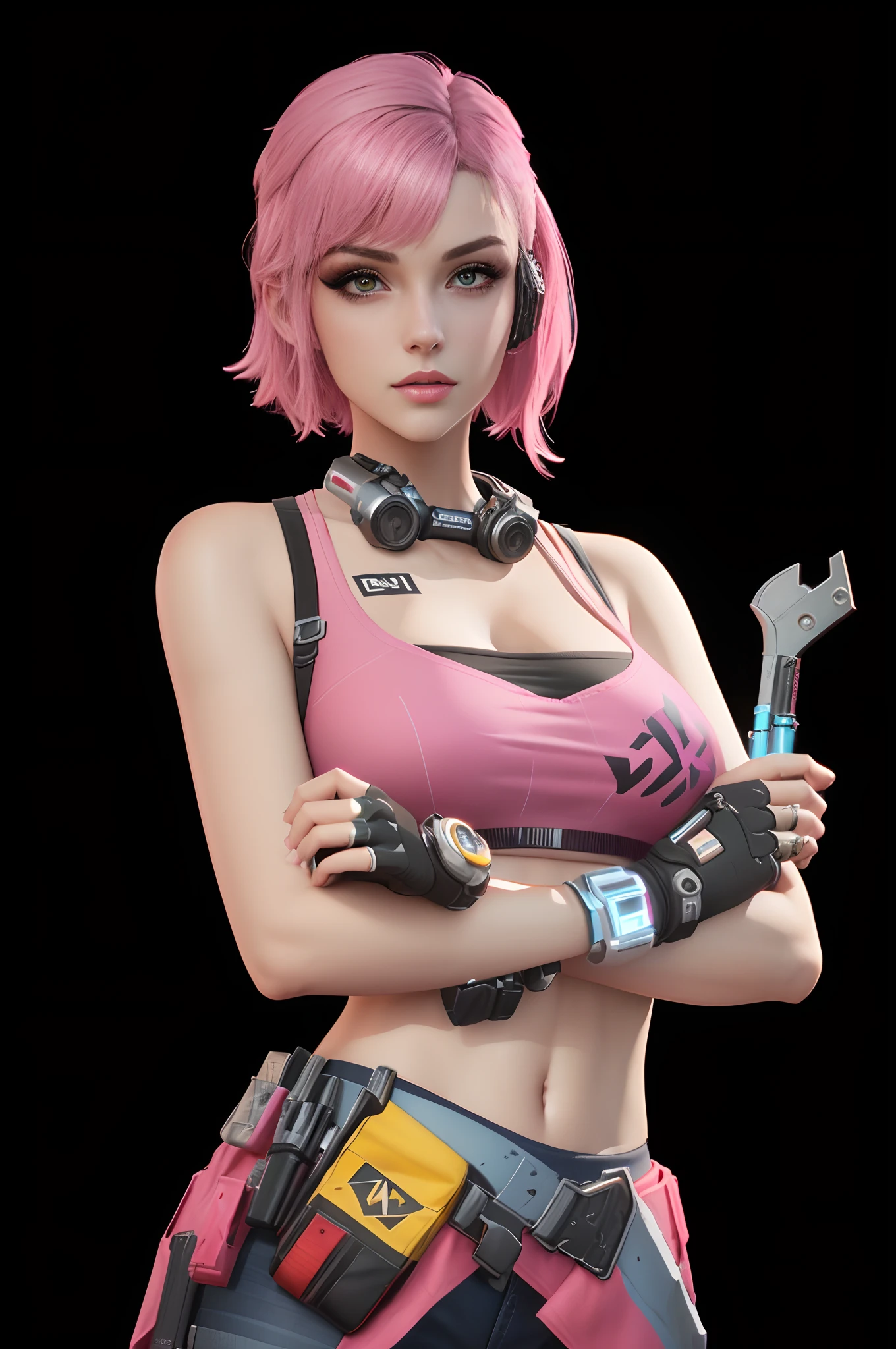 a woman in a black outfit holding a yellow and black bat, vi from arcane, vi from league of legends, pink iconic character, faye valentine, oppai cyberpunk, lovely brigitte from overwatch, as overwatch character, render of april, cyberpunk bee, kda, artwork in the style of guweiz, cyberpunk 2 0 y. o model girl, brigitte from overwatch