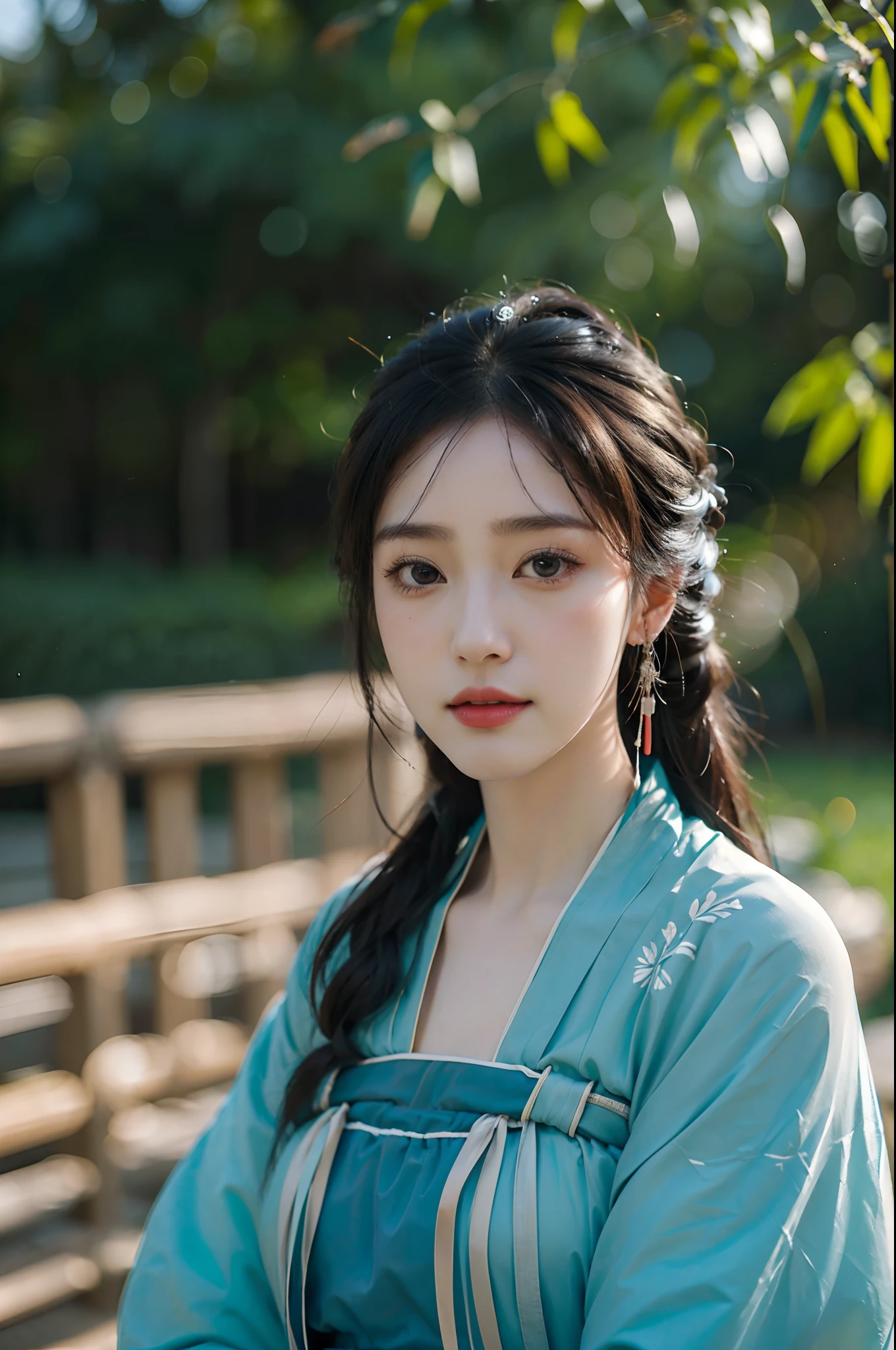 (((1女孩))),独奏,upperbody,face close-up,Turquoise Hanfu,Bamboo leaf embroidery,of the best quality,A masterpiece,super high resolution,(photo-realistic:1.4),Simple background