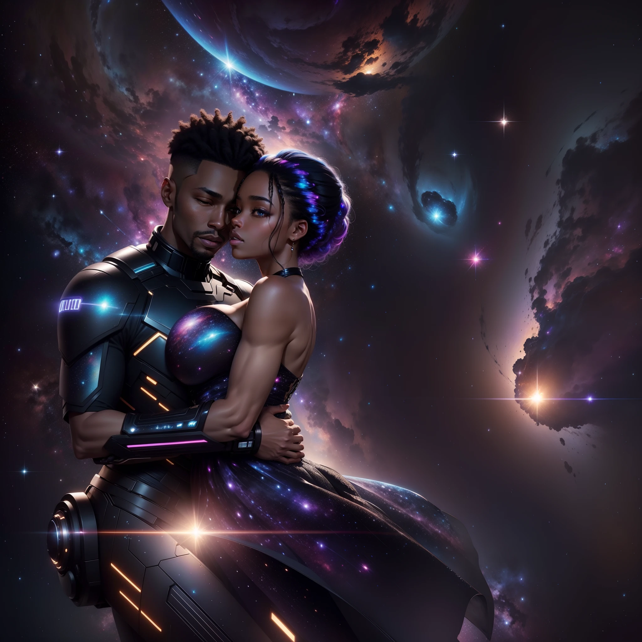 Beautiful black couple hugging and floating in outer space, stars in the galaxy shining with iridescent light, highly detailed images, vibrant beautiful colours, photorealistic image, 8k, ultra HD, unreal engine rendered, cinematic lighting, artgerm style,