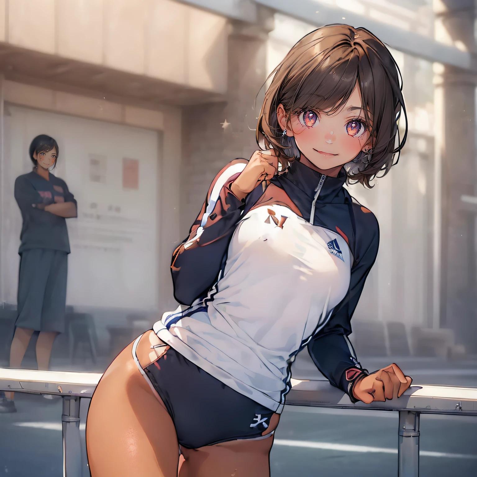 ((masterpiece)), (1 girl:2.0), (face extremely detailed, smiling), short haircut, brown hair, petite, (thin build), (a Japanese girl),  very detailed face and skin texture, detailed eyes, ((heart-shaped pupil:1.2)) double eyelids