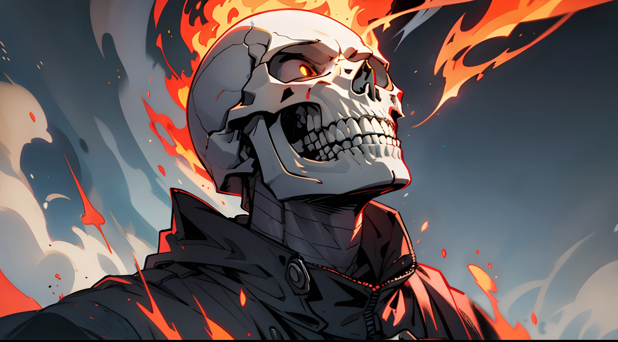 standing body in ashes, (illustration style), skull face, looking up, mouth open, fire coming out, fire around it, a lot of fire fog,