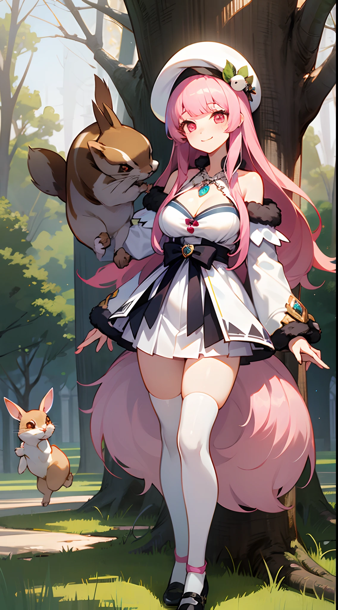 1 girl, game CG, white clothes, cleavage visible, shoulders visible, white short skirt, small white beret, jewel pendant, black shoes, gigantic breasts, pink hair, long hair, straight hair, princess hairstyle, idiot fur, pink eyes, smile, rabbit, squirrel, animals, wariza, tree,