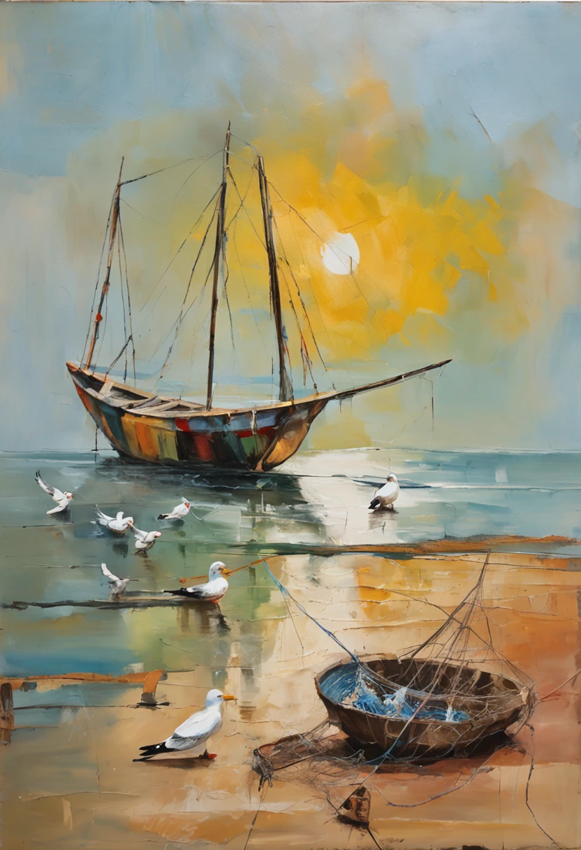 a fishing boat, beach, waves, seagulls, sand, cargo, ropes, wooden planks, nets, anchor, fishing gear, fisherman, seashells, seagulls flying around, seagull sitting on a mast, fishing poles, fishing nets drying in the sun, fish crates, reflection of the boat in the water