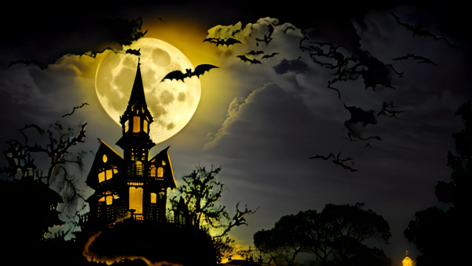 There is a large full moon behind a church with bats flying in the sky, fundo assombrado, Noite de Halloween, Morcegos voando para longe do castelo, scary magical background, papel de parede de dia das bruxas com fantasmas, cena de dia das bruxas, haunted house themed, Noite assustadora de Halloween, Fundo sombrio do castelo, dia das bruxas, tema dia das bruxas, haunted house, fundo do castelo, assombroso e assustador, Papel de parede - 1 0 2 4