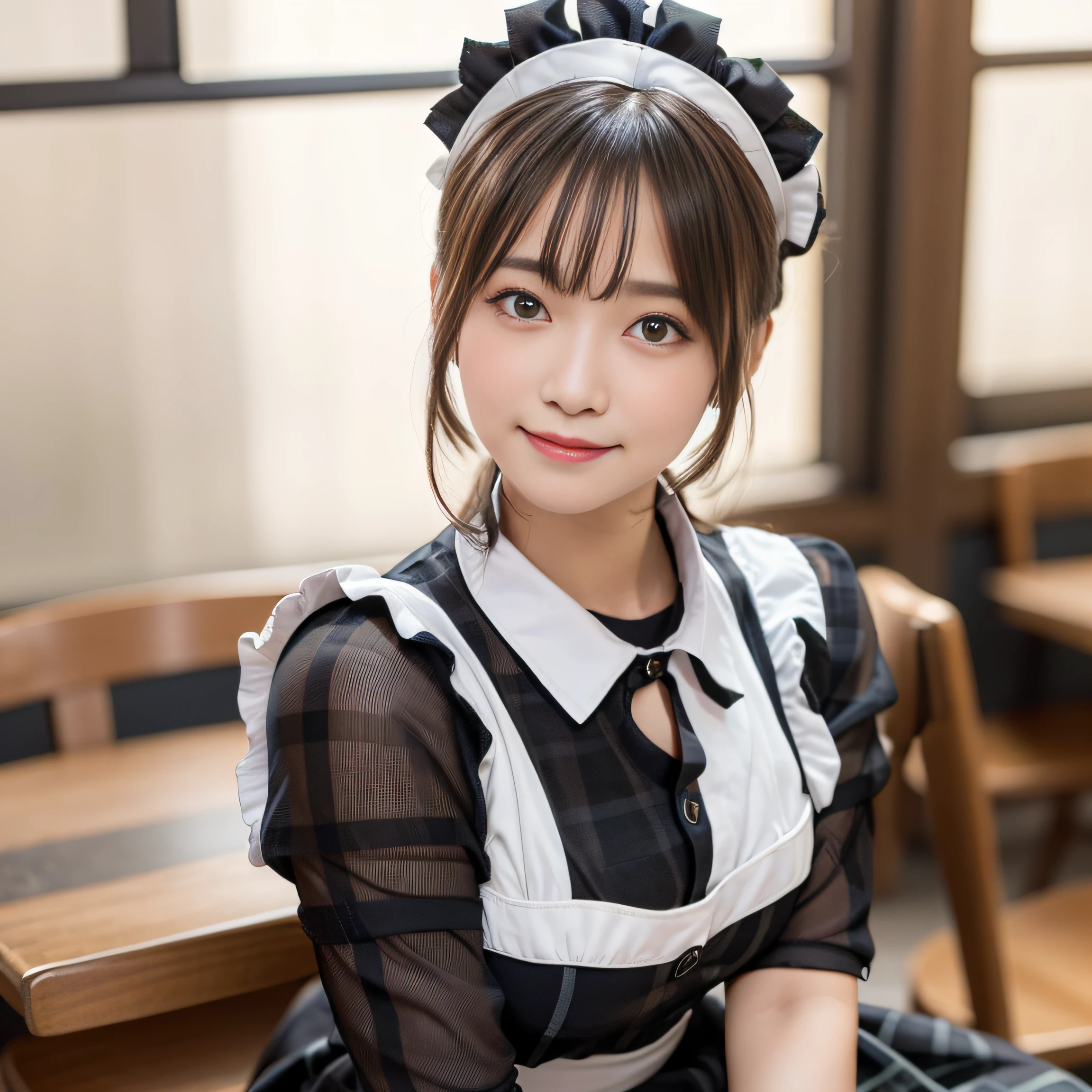 in 8K,Best Quality:1.4, 超A high resolution:1.5, (Photorealistic:1.4),​masterpiece:1.2,(top-quality:1.4)、 Raw photo、 (the background is blurred),  1日本人の女の子, Cute, (Solo:1.4), (Shy smile), Smooth skin、 (Brown medium hair,Bangs),nogizaka,Supple fingertips,Beautiful black eyes、dual、natural skin textures:1.3, realistic eyes and face details:1.7、middlebreasts、during daytime、Toned buttocks:1.5、gazing at viewer,Photographer looking behind his back.５Take a step back,Smile,Delighted, Cheerful,(maid:1.2),Bow,Long sleeves, Black sleeves,(Long tights with black plaid:1.4),Maid headdress,maid apronl,cafeteria,Upper body:1.3,(detailed hairs:1.1), (Detailed eyes:1.1)