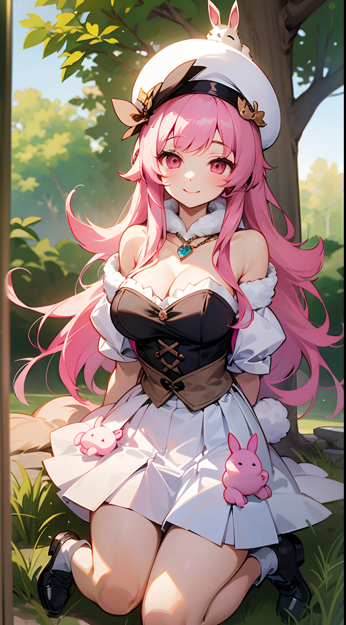 1 girl, game CG, white clothes, cleavage visible, shoulders visible, white short skirt, small white beret, jewel pendant, black shoes, gigantic breasts, pink hair, long hair, straight hair, princess hairstyle, idiot fur, pink eyes, smile, rabbit, squirrel, animals, wariza, tree,