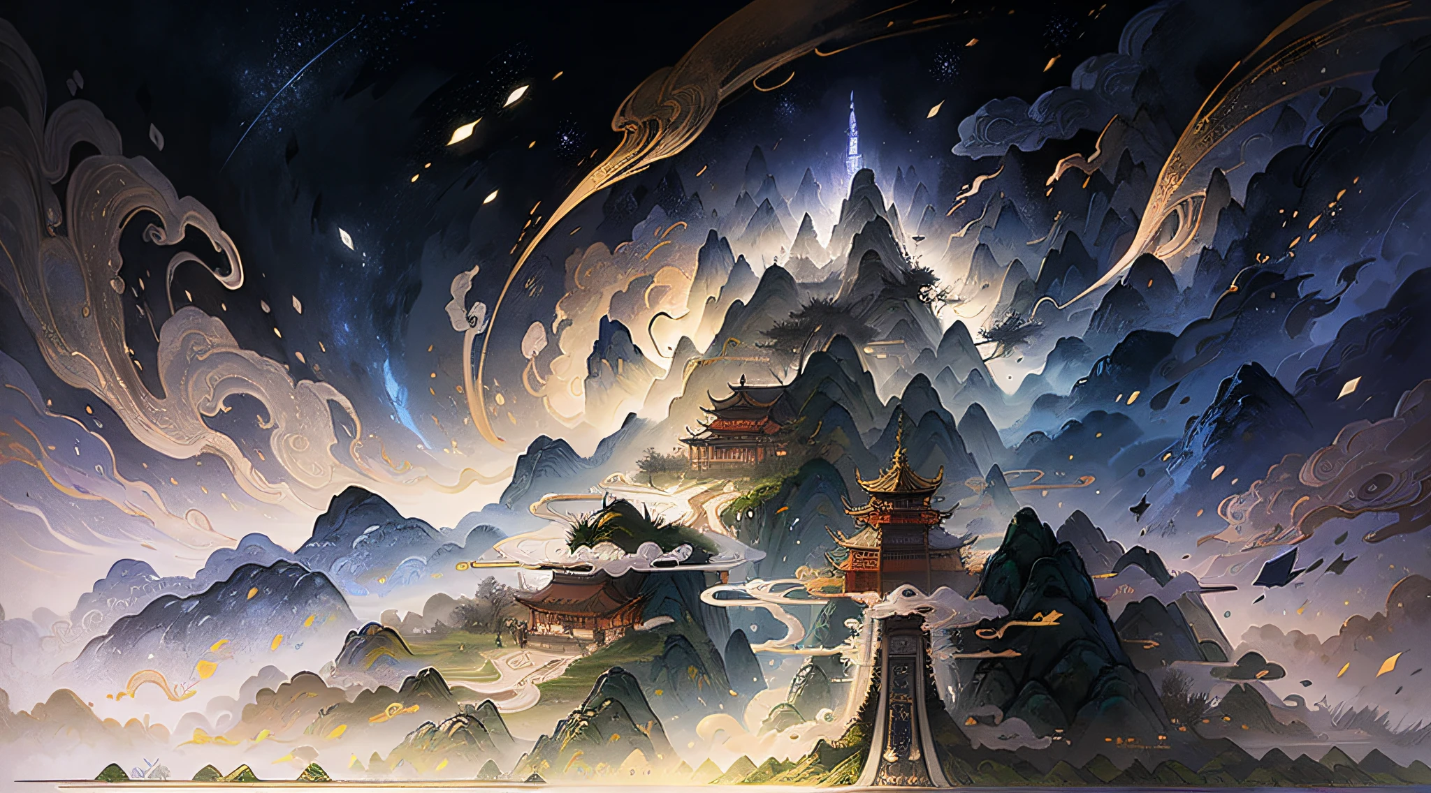 Ink wind，Obvious ink strokes，Chinese wind mountains， rios， Auspicious clouds， aethereal，The void is dotted with stars， tmasterpiece， super detailing， Epic composition， hyper HD， high qulity， extremely detaile， offcial art， 统一 8k 壁纸， super detailing， 32k