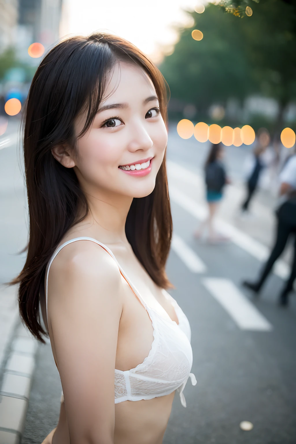1人、Happiness、a smile、(In the street:1.2)、((Transaction service:1.2))、Night、Raw photography、(Photorealsitic:1.37、realisitic)、High Definition CG Integrated 8K Wallpapers、Viewer's Perspective、(((Straight)from the front side)))、(HQ Skin:1.8、shiny skins)、8K UHD、Digital SLR、Soft lighting、hightquality、Film grain、FUJI XT3、((The upper part of the body:1.6))、(Professional Writing:1.6)Enlarge your bust、lifelike face,real looking skin、selfee