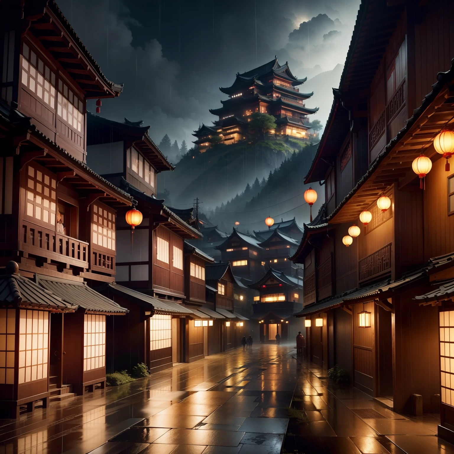 arafed view of a village with a lot of lights on the buildings, dreamy chinese town, chinese village, amazing wallpaper, japanese town, japanese village, hyper realistic photo of a town, old asian village, japanese city, by Raymond Han, rainy evening, cyberpunk chinese ancient castle, beautifully lit buildings, at evening during rain, beautiful and aesthetic, photography, cinematic, 8k, high detailed ((Heavy rain)))
