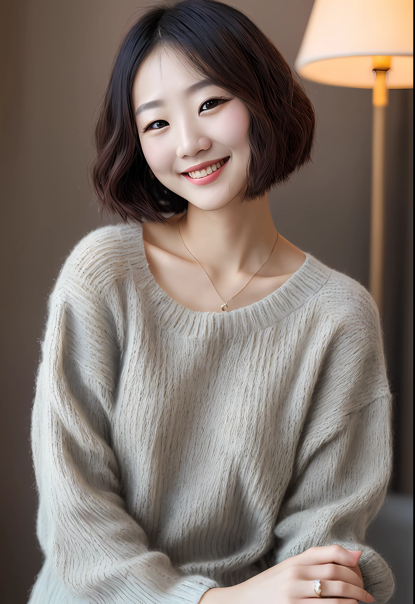 (top-quality、8k、32k、masterpiece、UHD:1.2)、Photo of young Japan woman、short-cut、bobhair、Look upwards、I'm wearing knitwear、large full breasts、cute smile face、A sexy