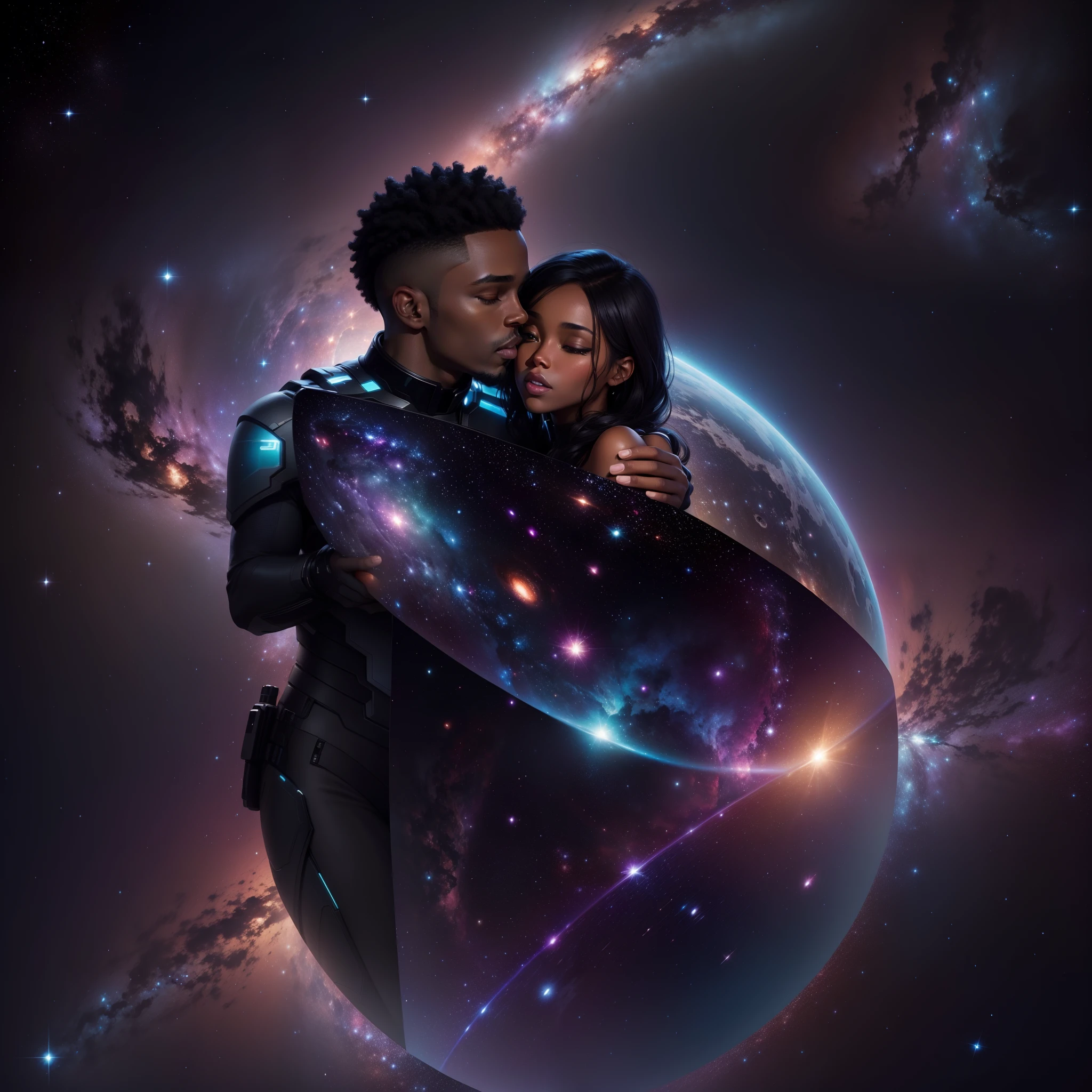 Beautiful black couple hugging and floating in outer space, stars in the galaxy shining with iridescent light, highly detailed images, vibrant beautiful colours, photorealistic image, 8k, ultra HD, unreal engine rendered, cinematic lighting, artgerm style,