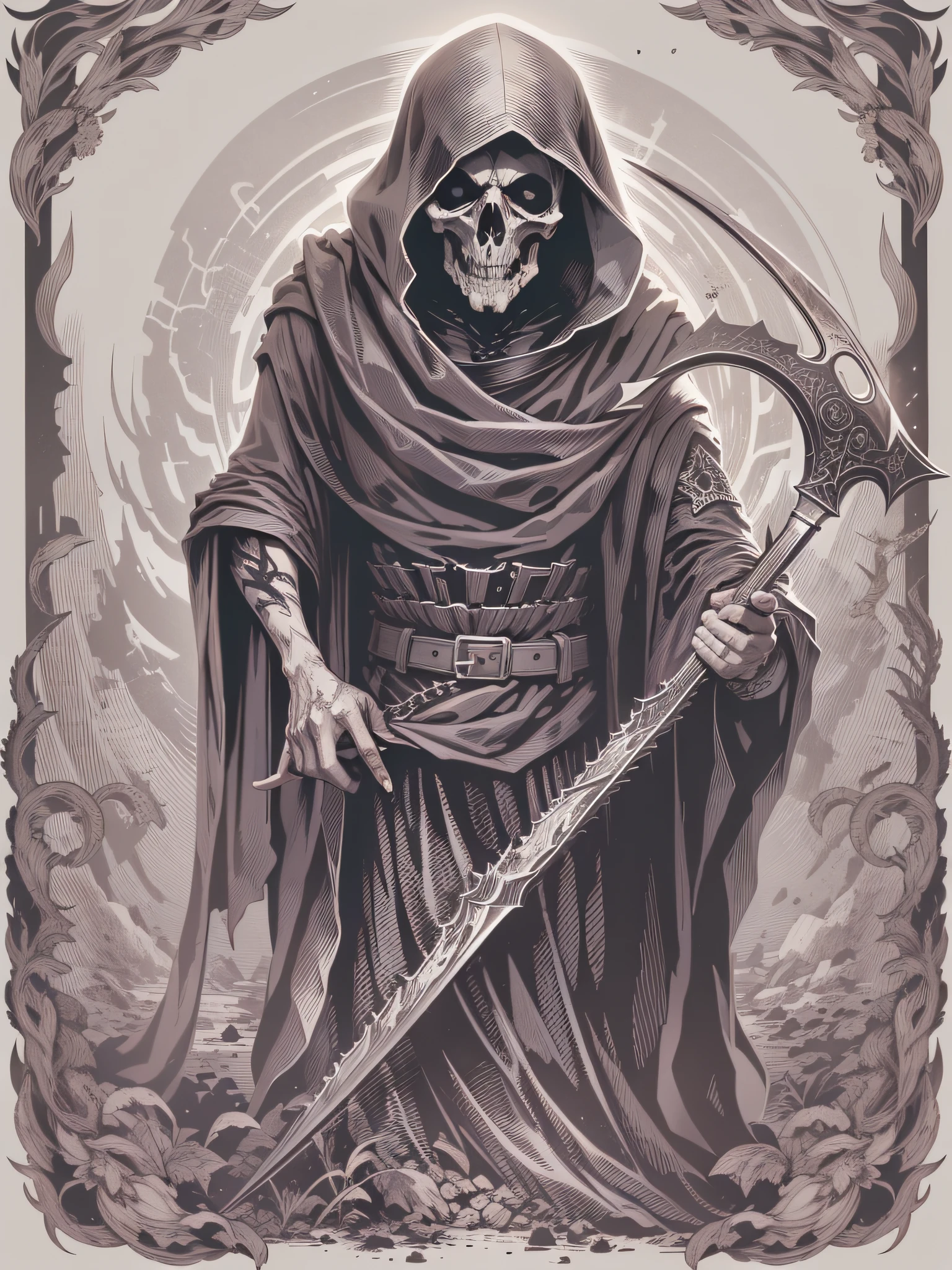 tarot card background,The characters are in tarot cards,In a landscape full of shadows,A tarot card is revealed,The existence of the Grim Reaper is revealed。This tarot card depicts a black-robed Grim Reaper,Stand against the backdrop of desolation and boundlessness。 Death through the hollow eyes of the skeleton mask,It conveys a deep and heavy atmosphere to the audience。His posture is straight,He holds a sharp scythe in his left hand,It symbolizes an irresistible ending and great change。The scythe emits a cold light,Turning everything to ashes。 And raised in the right hand of the Grim Reaper,This is a black flag。Vivid,Colorful,Photorealsitic,The flag is painted with a spinning symbol,It symbolizes eternal reincarnation and reincarnation。This symbol conveys the hope of going back and forth to life,Reminder to hold on to the lamp of hope, Even in the face of death。 The whole picture is full of dark and mysterious atmosphere,The tone tends to be cold and deep。This tarot card is known for its unique artistic style and symbolism,The image of the Grim Reaper is vividly interpreted。Use lenses and light through viewing angles,You can create a lot of suspense、mesmerising、At the same time gaze at the image of the human heart。