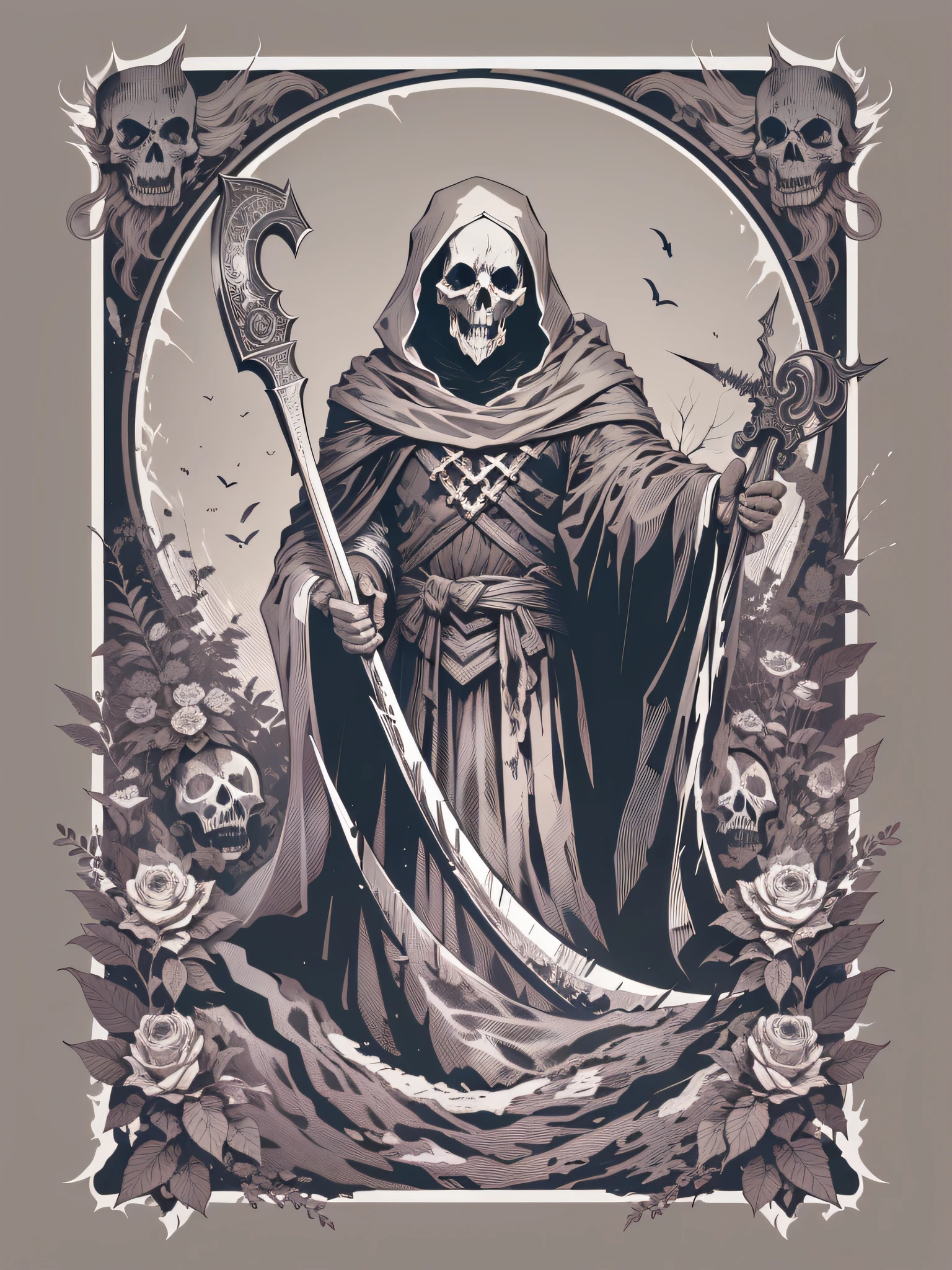 printable t-shirt vector of image of death with a scythe in his hand dark style, drawn art style image, image with white background, black and white toned image