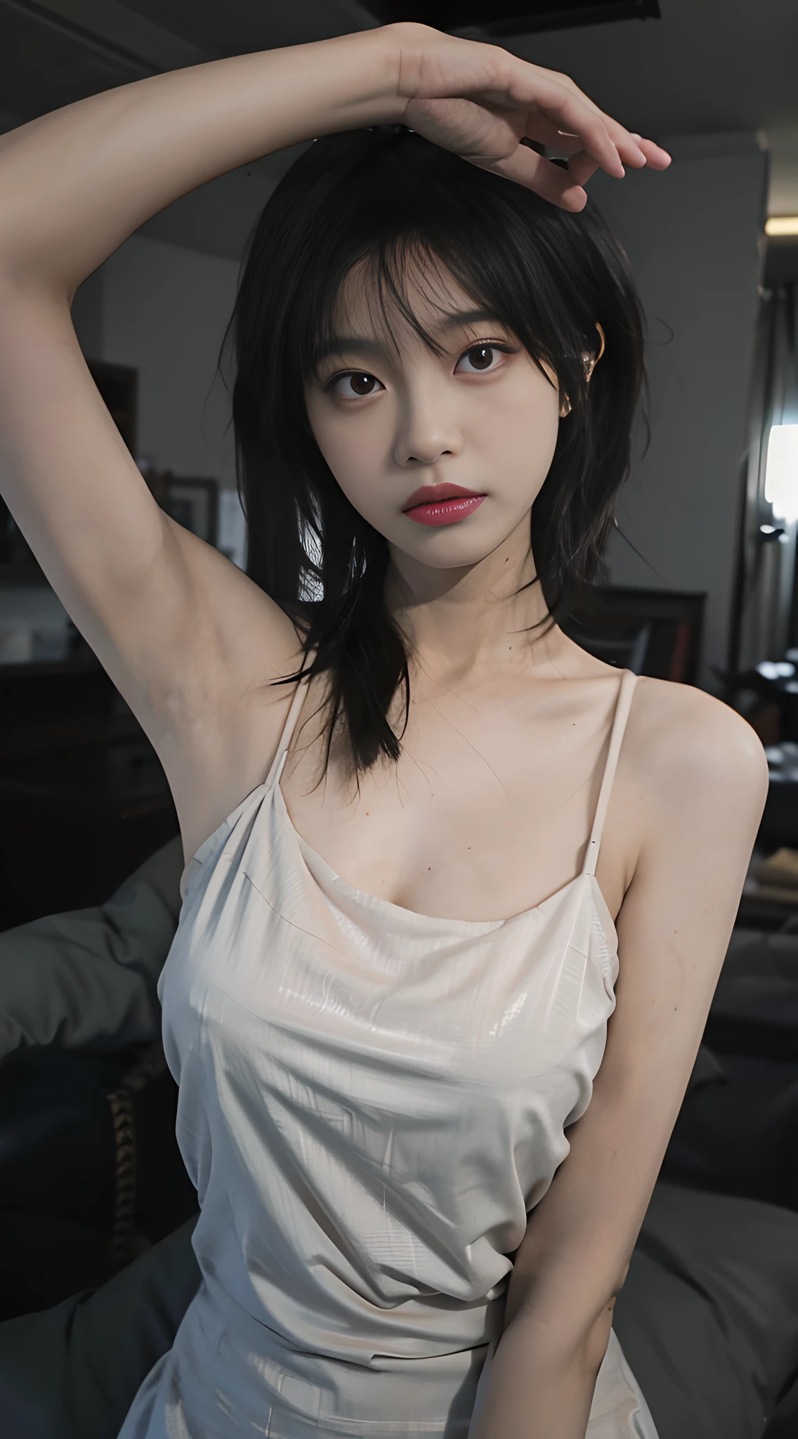 8K,best qualtiy,tmasterpiece,超高分辨率,(真实感:1.4),RAW photogr,(True skin texture:1.3),(filmgrain:1.3),(Selfie angle),1个Giant Breast Girl,Beautiful eye and face details,tmasterpiece,Best quality at best,closeup cleavage,The upper part of the body,looking at viewert,Sadly eyes