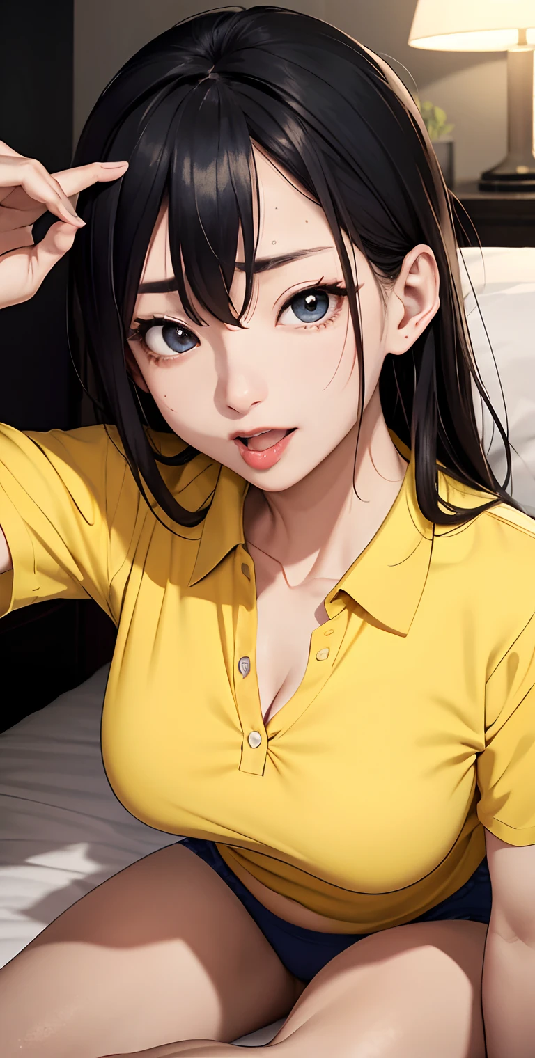 realisticlying、45-year-old girl、Wearing a yellow polo shirt,Face enhancement,Chest super large zoom,Cleavage emphasis,Looking up from the bottom,Blackening of hair,Blue eyes,darkens the skin,African、Blushing,Red lips,A sexy,Bed sit,stick out your tongue and open your mouth wide、Banzai、Wearing underwear,Wrinkles between the eyebrows,Sweaty face