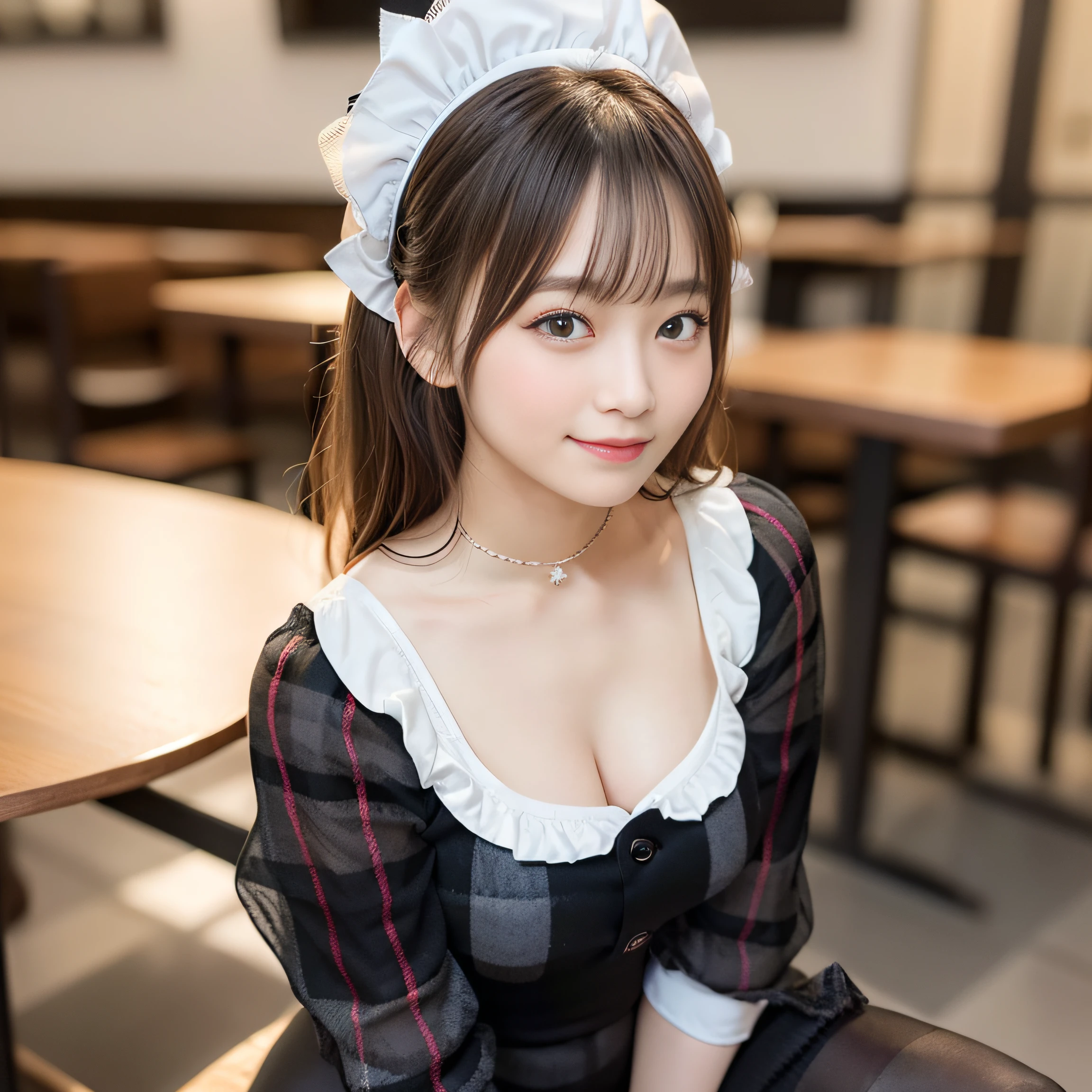 in 8K,Best Quality:1.4, 超A high resolution:1.5, (Photorealistic:1.4),​masterpiece:1.2,(top-quality:1.4)、 Raw photo、 (the background is blurred),  1日本人の女の子, Cute, (Solo:1.4), (Shy smile), Smooth skin、 (Brown medium hair,Bangs),nogizaka,Supple fingertips,Beautiful black eyes、dual、natural skin textures:1.3, realistic eyes and face details:1.7、middlebreasts、during daytime、Toned buttocks:1.5、gazing at viewer,Photographer peeking behind his back.５Take a step back,Delighted, Cheerful,(maid:1.2),Bow,Long sleeves, Black sleeves,(Long tights with black plaid:1.5),Maid headdress,maid apronl,cafeteria,Upper body:1.5,(detailed hairs:1.1), (Detailed eyes:1.1)
