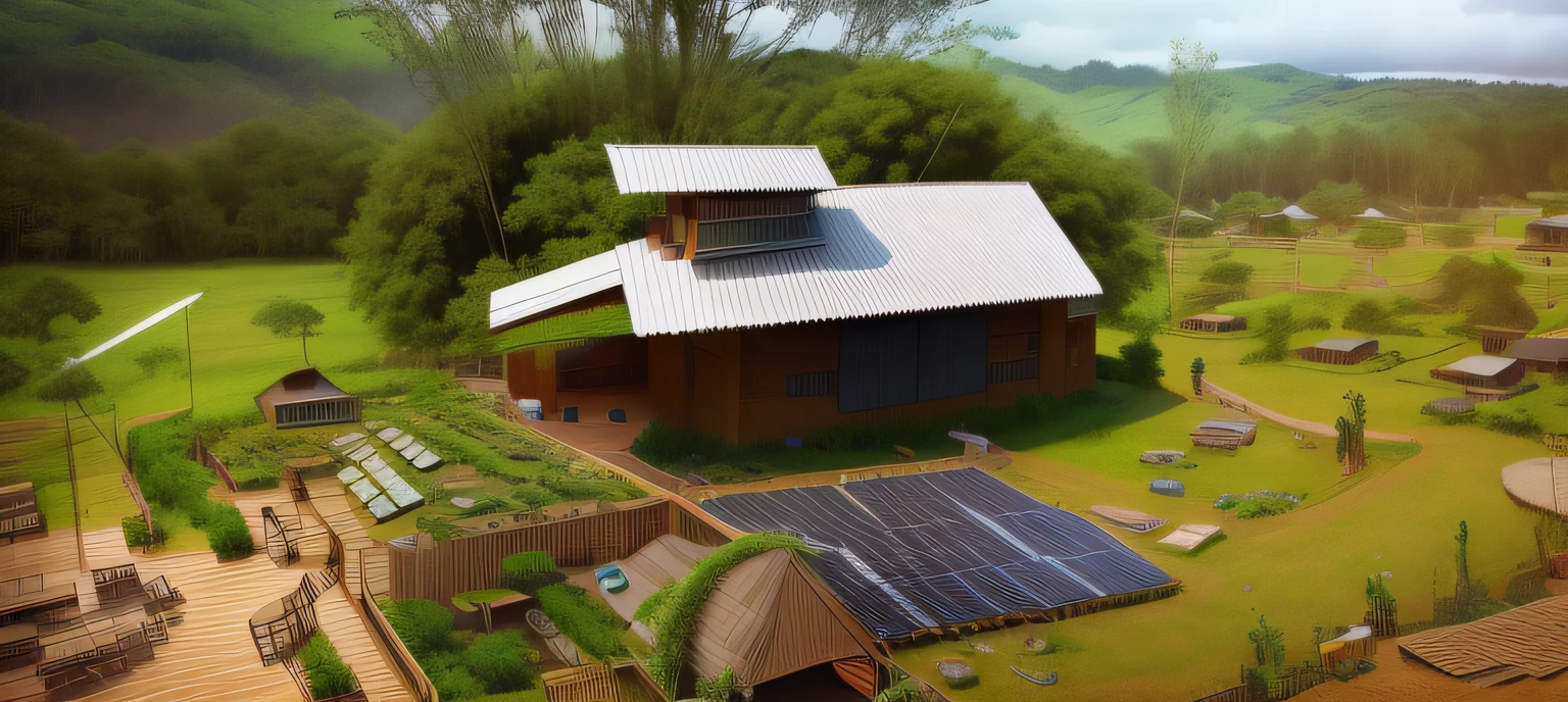 Transform into an ecovillage with design using the principles of permaculture, com hortas mandalas, roof of the main house catching rainwater, telhado vivo, viveiro de plantas, laguinho com animais, aerogerador, solar panels, casa principal com telhado vivo.