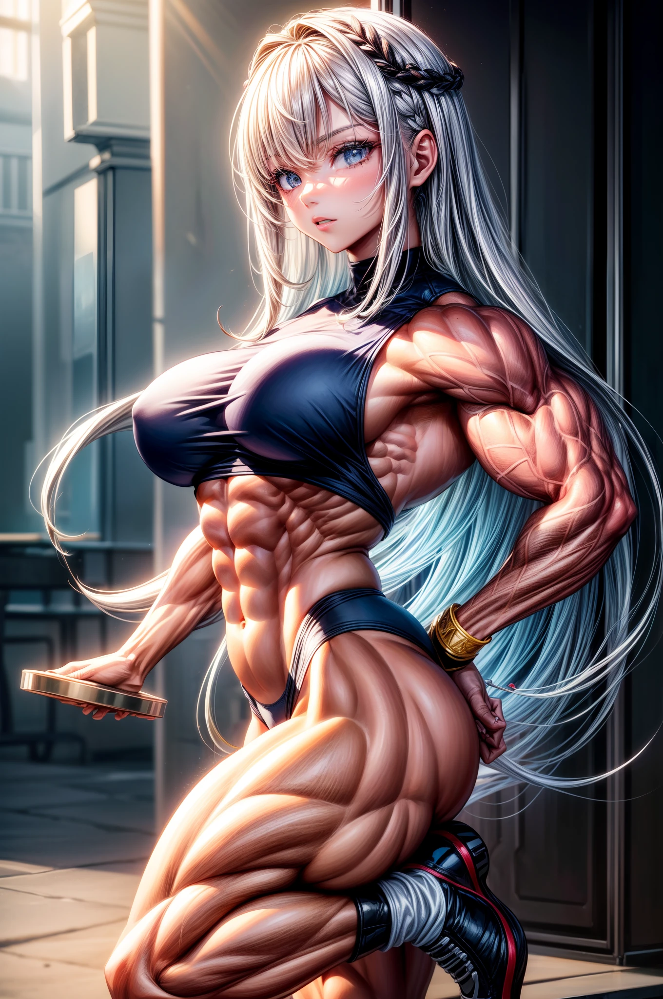 (BEST lighting) , (ultra intricately detailed) , 4K unification, (super-detailed CG: 1.2) , (8K: 1.2),(Original), (Masterpiece) , (Best quality),(Masterpiece:1.4),Anime-ish high quality,(Masterpiece),Masterpiece, Super clear picture quality,Clearer than movies,(Fine face)Best quality, absurderes,((masterpeace, 4K, 8K, Yes, A high resolution))1girll, schoolgirls,She is in the steppe,standing on your feet,Leaning sideways,Exposing the abdomen,camouflage uniform,There are bulges of dense veins on the arms,Spring, Boots, Perfect figure, Long silver hair, Dynamic pose,Legs exposed,Strong leg muscles ((body builder:1.5)),grassland background,(Beautiful bace),(Girl),(Female),(((Upper body:1)))