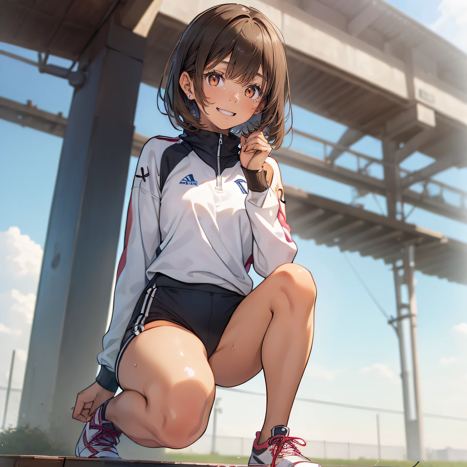 ((masterpiece)), (1 girl:2.0), (face extremely detailed, smiling), short haircut, brown hair, petite, (thin build), (a Japanese girl), ((Member of track and field team, long distance runner)), (standing on the track), slightly round face, (tanned brown face:1.6), cute, big eyes