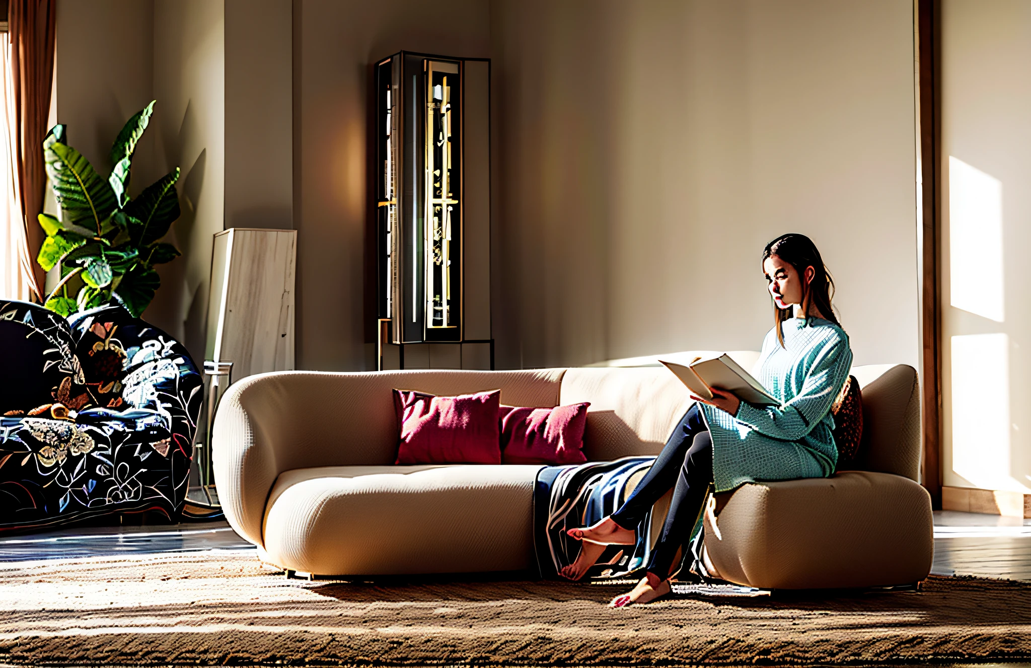 Alafi sat on the sofa，Read a book in the living room, Have in the living room, eora, Dramatic. fantasy, relaxing on a modern couch, placed in a living room, placed in a large living room, Portrait c 12.0, portrait c 1 2. 0, ji-min, designed for cozy aesthetics!, comicbook style