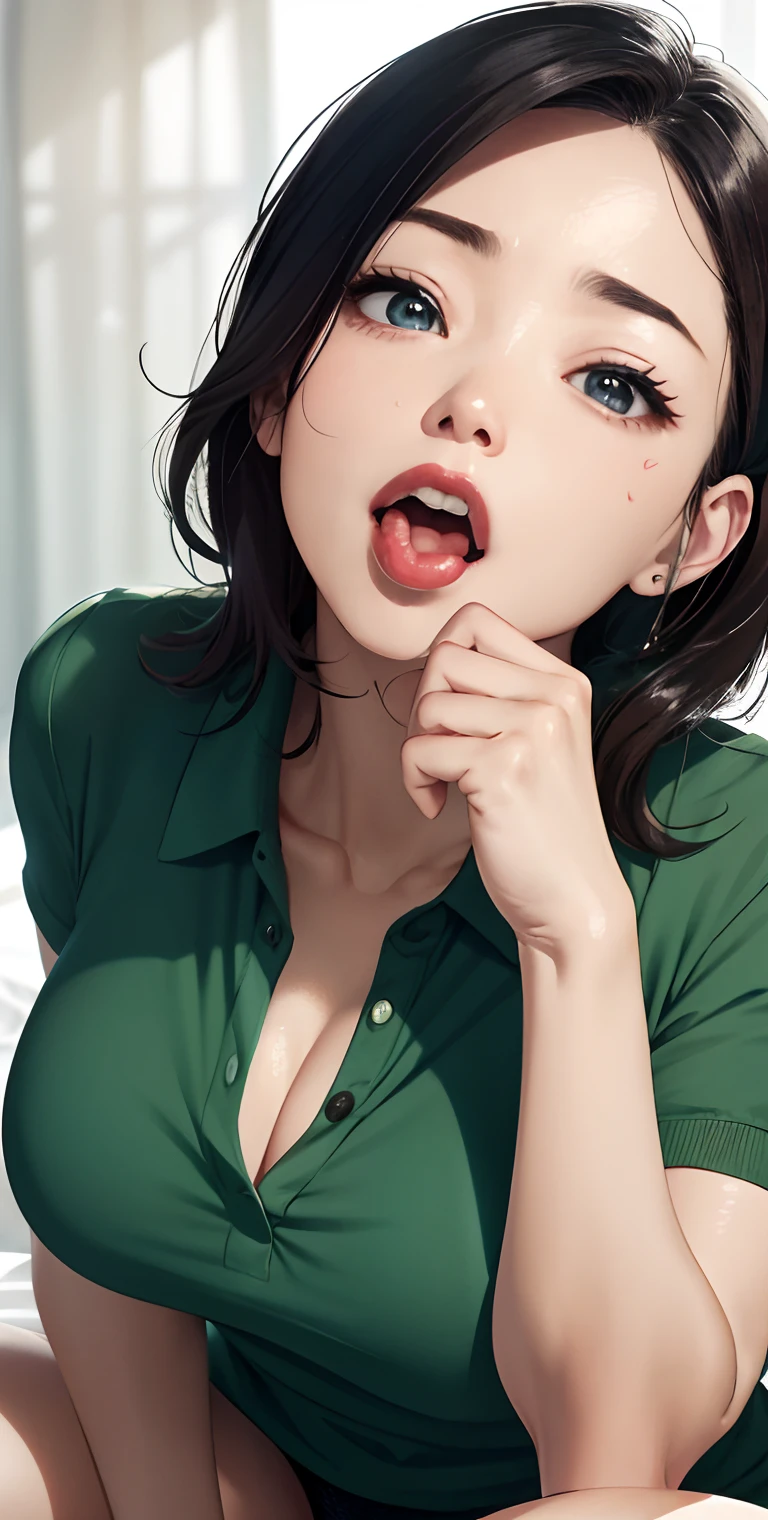 realisticlying、45-year-old girl、Wearing a green polo shirt,Face enhancement,Chest super large zoom,Cleavage emphasis,Looking up from the bottom,Blackening of hair,Blue eyes,darkens the skin,African、Blushing,Red lips,A sexy,Bed sit,stick out your tongue and open your mouth wide、Banzai、Wearing underwear,Wrinkles between the eyebrows,Sweaty face